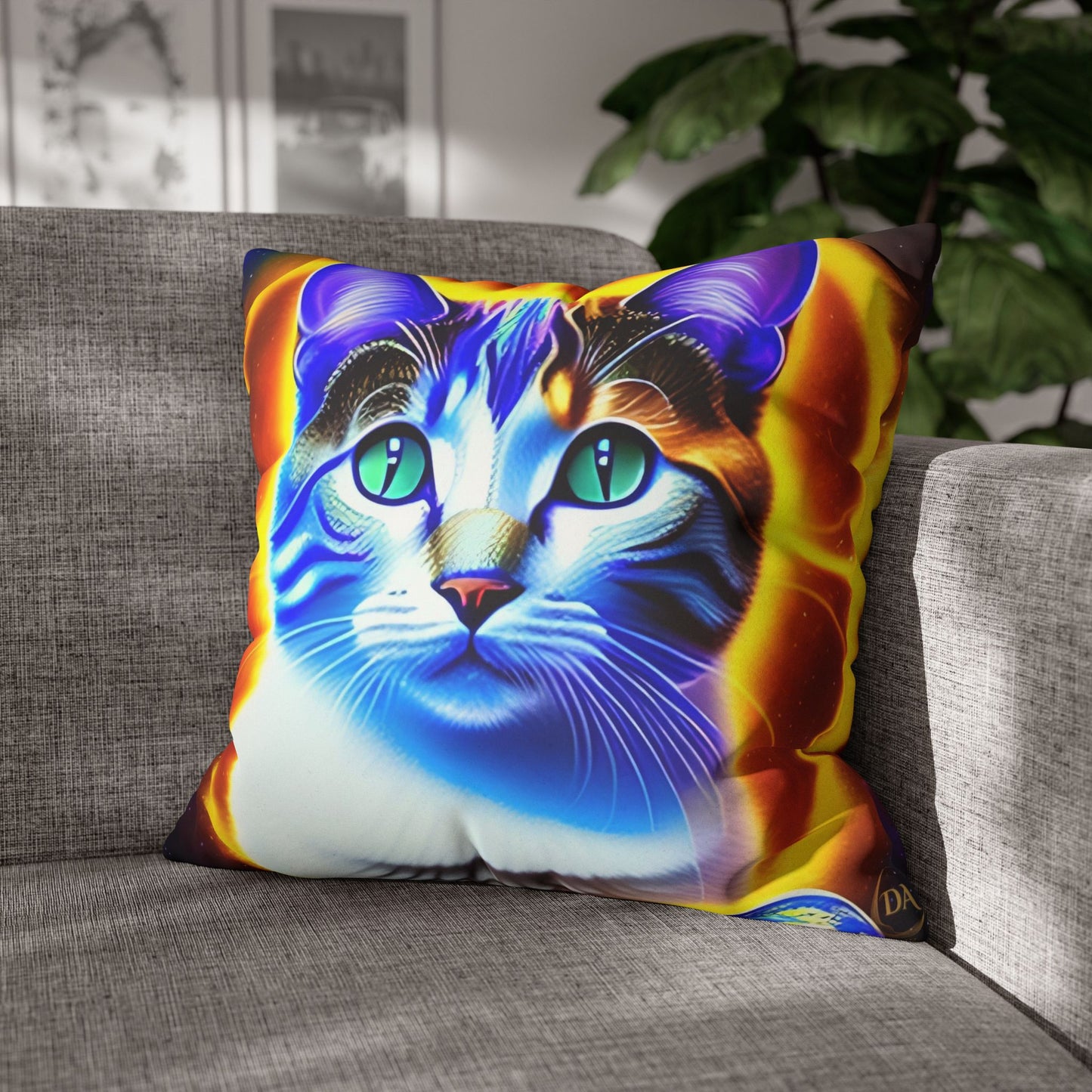 Divine Arts Faux Suede Double-Sided Square Pillow Case - Fantasy Galaxy Space Cat Lover Large Close Up View of the Face of a Female Brown Tabby Cat with Green Eyes With a Pulsing Yellow Orange Aura From Weilding the Merkaba Pillow Cover in Four Sizes
