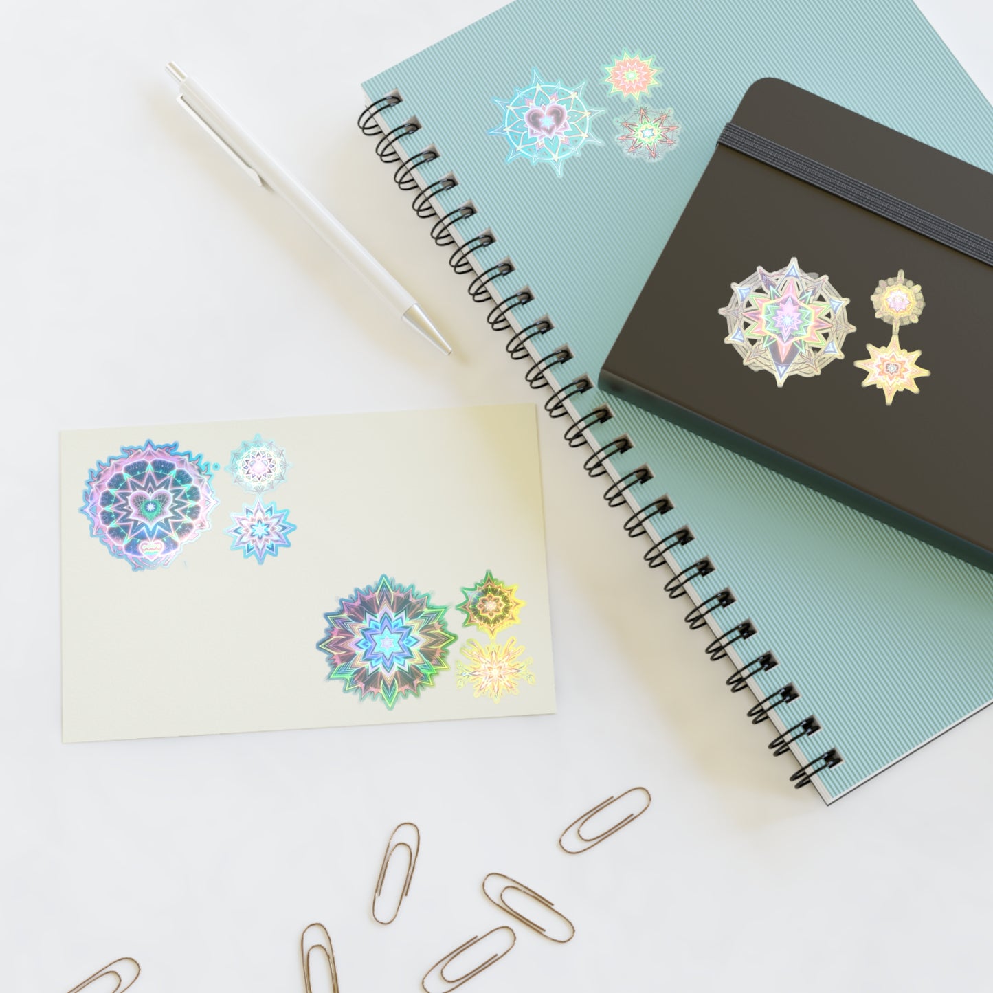 Kaleidoscope Starburst Sticker Sheet โ Colorful Galaxy Art, White Transparent Holographic Die Cut Merkaba Decals by Divine Arts