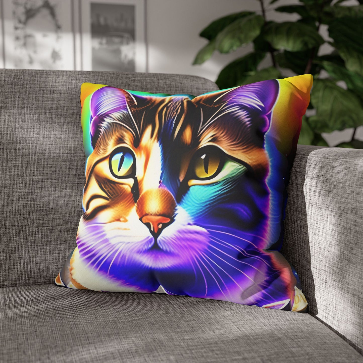 Divine Arts Faux Suede Double-Sided Square Pillow Case - Fantasy Galaxy Space Cat Lover Brown Tabby Cat with Heterochromia Meditating in Rainbow Trance Colors Pillow Cover in Four Sizes