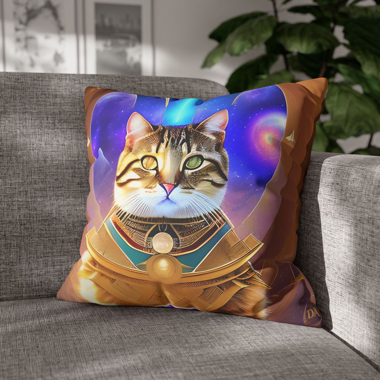 Divine Arts Faux Suede Double-Sided Square Pillow Case in Four Sizes - Fantasy Galaxy Space Cat Lover Male Brown Tabby Cat with Heterochromia in Ornate Golden Armor with Light Blue Hydroplasma Light Beam from Crown Chakra Merkaba Pillow Cover