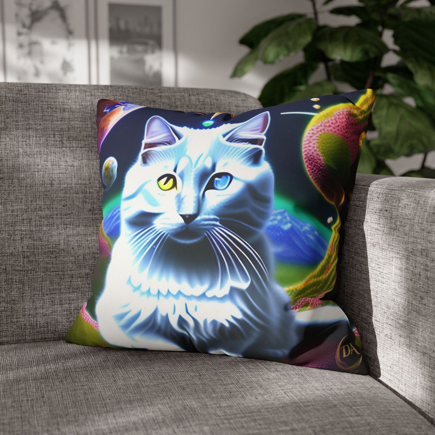 Divine Arts Faux Suede Double-Sided Square Pillow Case in Four Sizes - Fantasy Galaxy Space Cat Lover Portrait of White Female Cat With Yellow & Blie Heterochromia Eyes In Space Amidssr Blue & Pink Cosmic Swirls Meditating in Trance On A Golden Merkaba