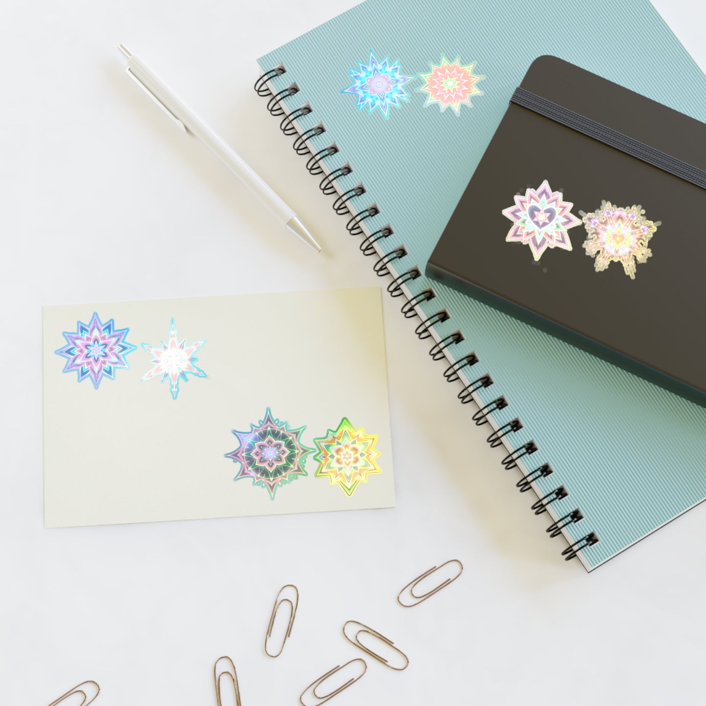 Kaleidoscope Starburst Vinyl Sticker Sheet (6x4) โ Colorful Galaxy Art, White Transparent Holographic Die Cut Merkaba Decals by Divine Arts