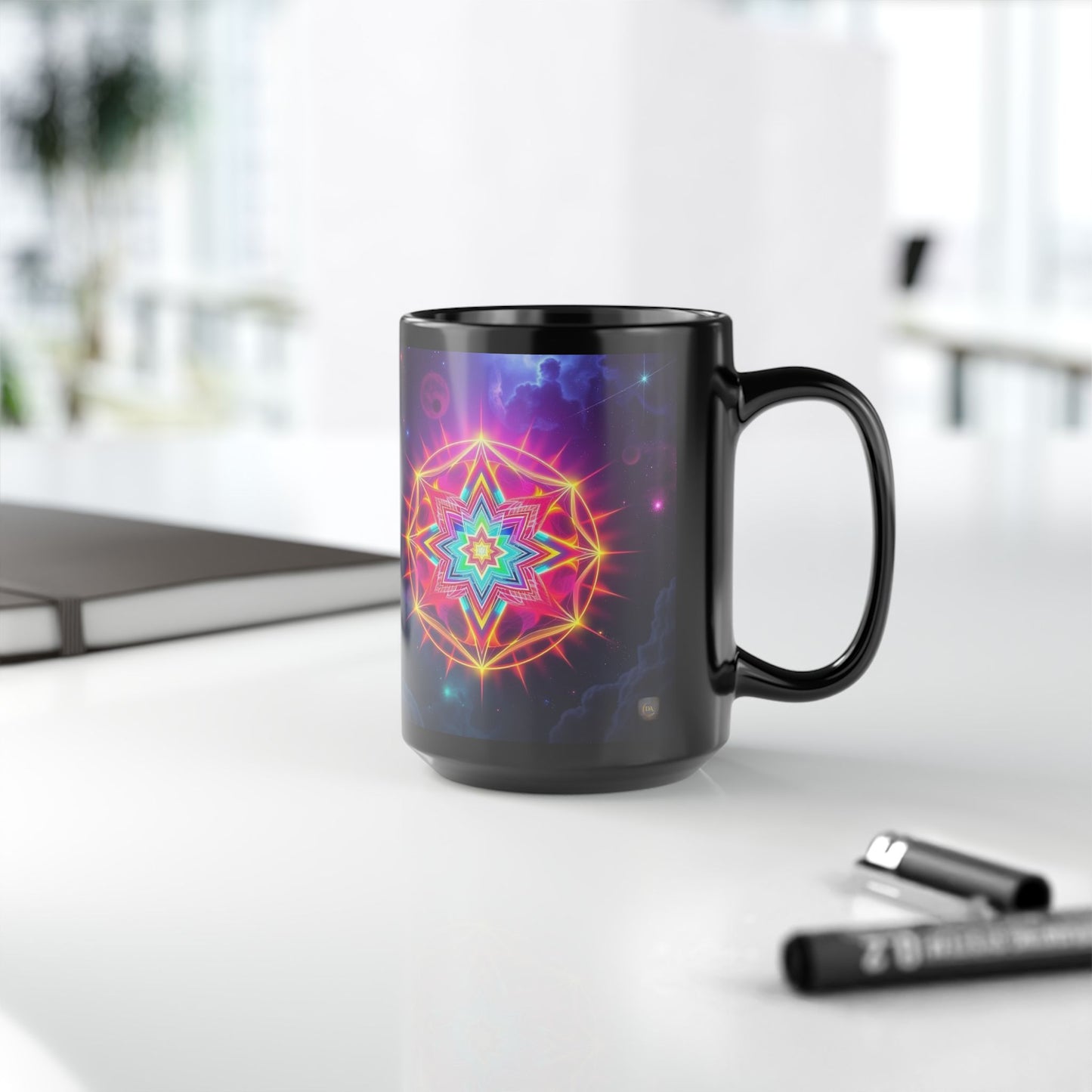 Black Ceramic Mug 15 oz โ Neon Merkaba Cosmic Coffee Cup by Divine Arts