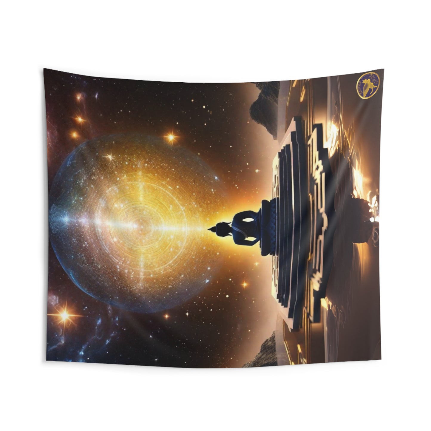 Indoor Polyester Wall Tapestry (88"X 104"), Buddha in Samadhi Bliss Meditation on a Lotus Seat of Enlightenment with Large Golden Aura Amidst a Bright Starry Night on a Reflective Surface, Diamond Sutra Art, by Divine Arts