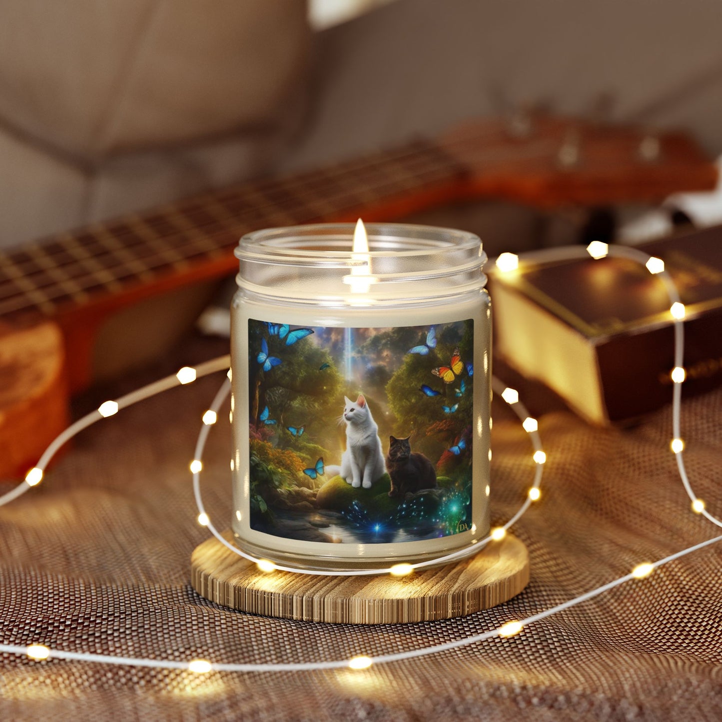 Premium Coconut Apricot Wax Scented Candles, Various Floral & Spice Fragrances (4oz), Spiritual Christmas Holiday Cat Lover Pet Gift, Black & White Cats in Nature Butterflies Scene Fairytale Fantasy Art, by Divine Arts