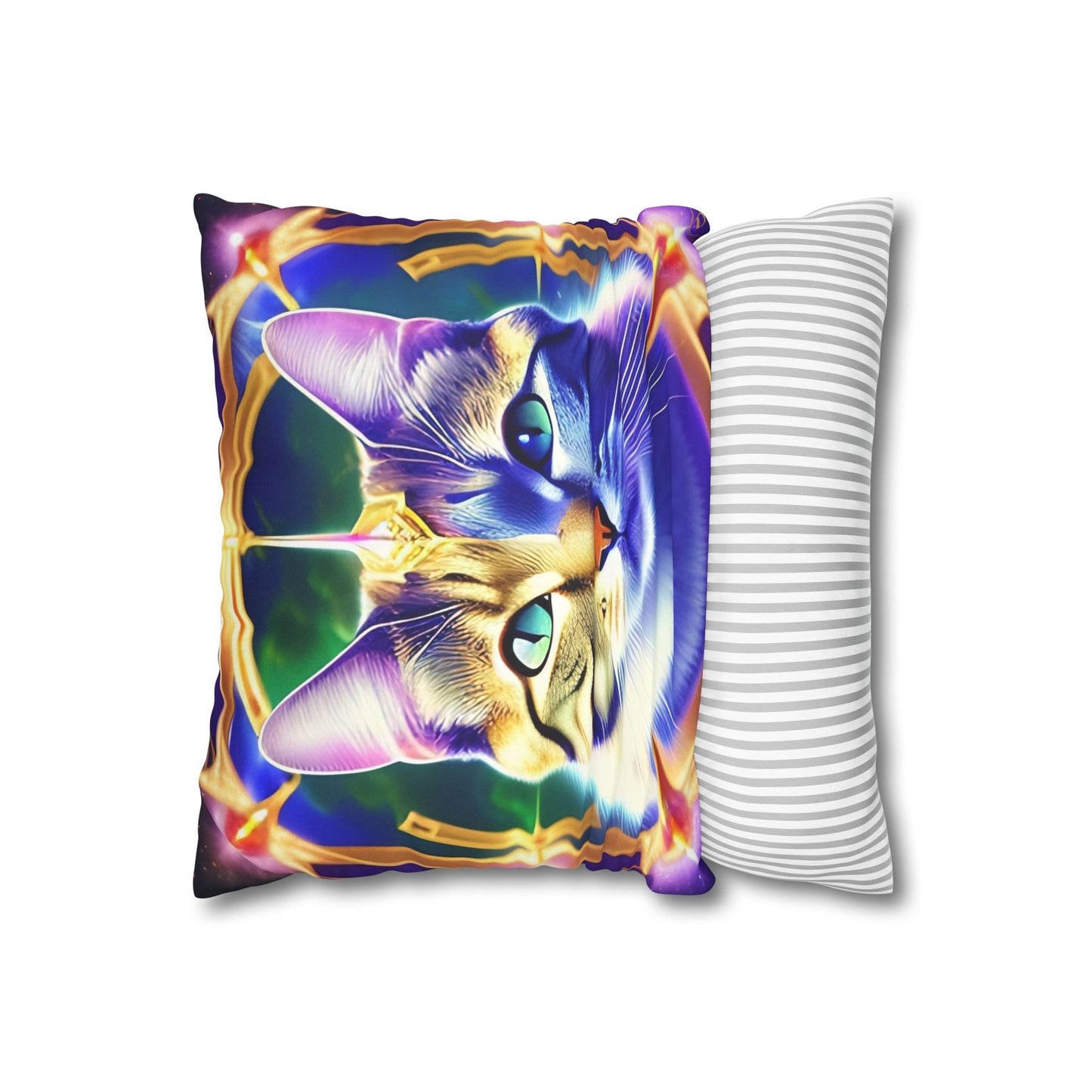 Divine Arts Faux Suede Double-Sided Square Pillow Case - Fantasy Galaxy Space Cat Lover Male Gray & Brown Tabby Cat with Green Eyes with Blue, Green & Orange Aura and Ornate Light Blue and Purple Crystal Collar Merkaba Pillow Cover in Four Sizes