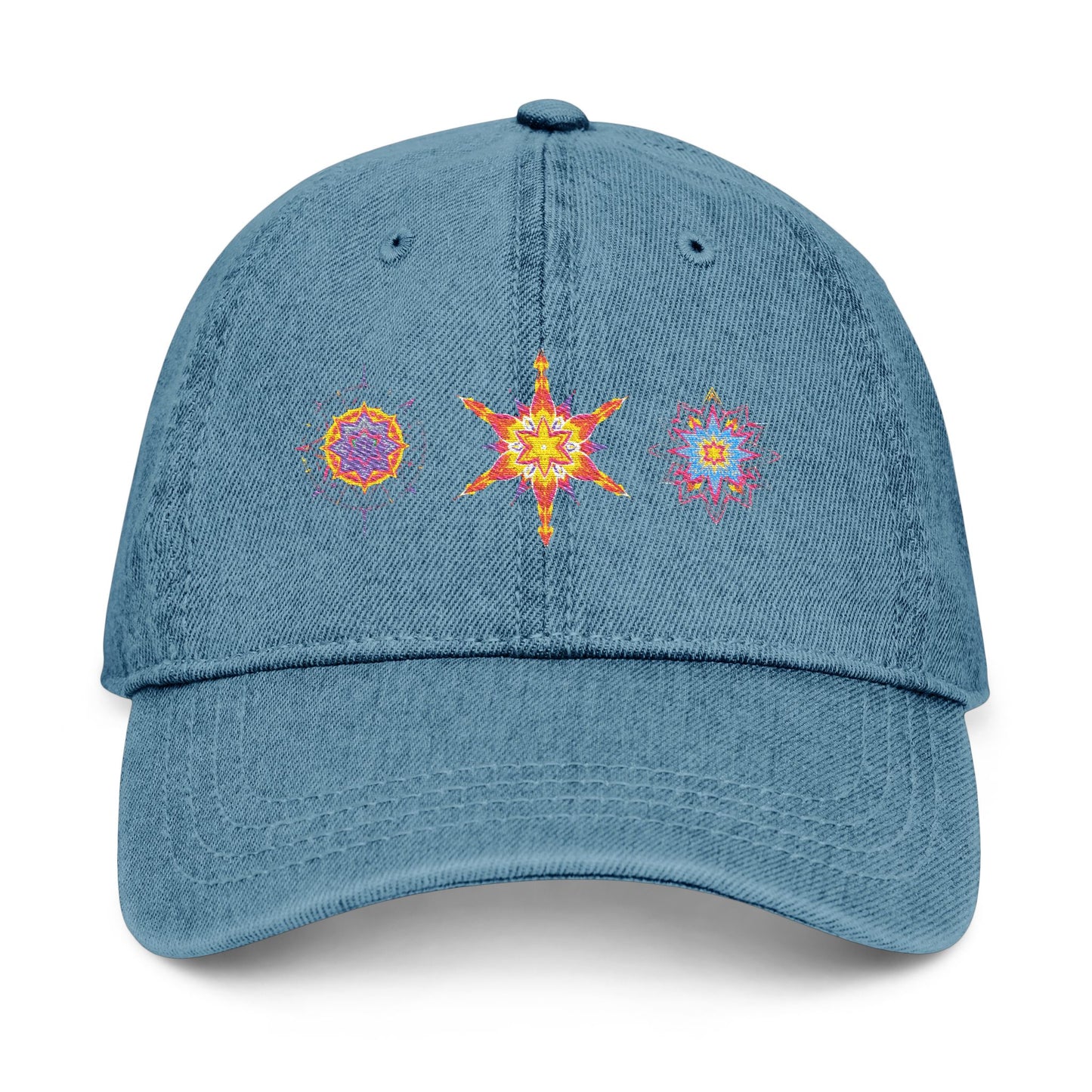 Denim Cap (Embroidery), 100% Cotton, Three Unique Embroidery Merkabas, Neon Galaxy Starry Light, Lotus Jewel Design by Divine Arts