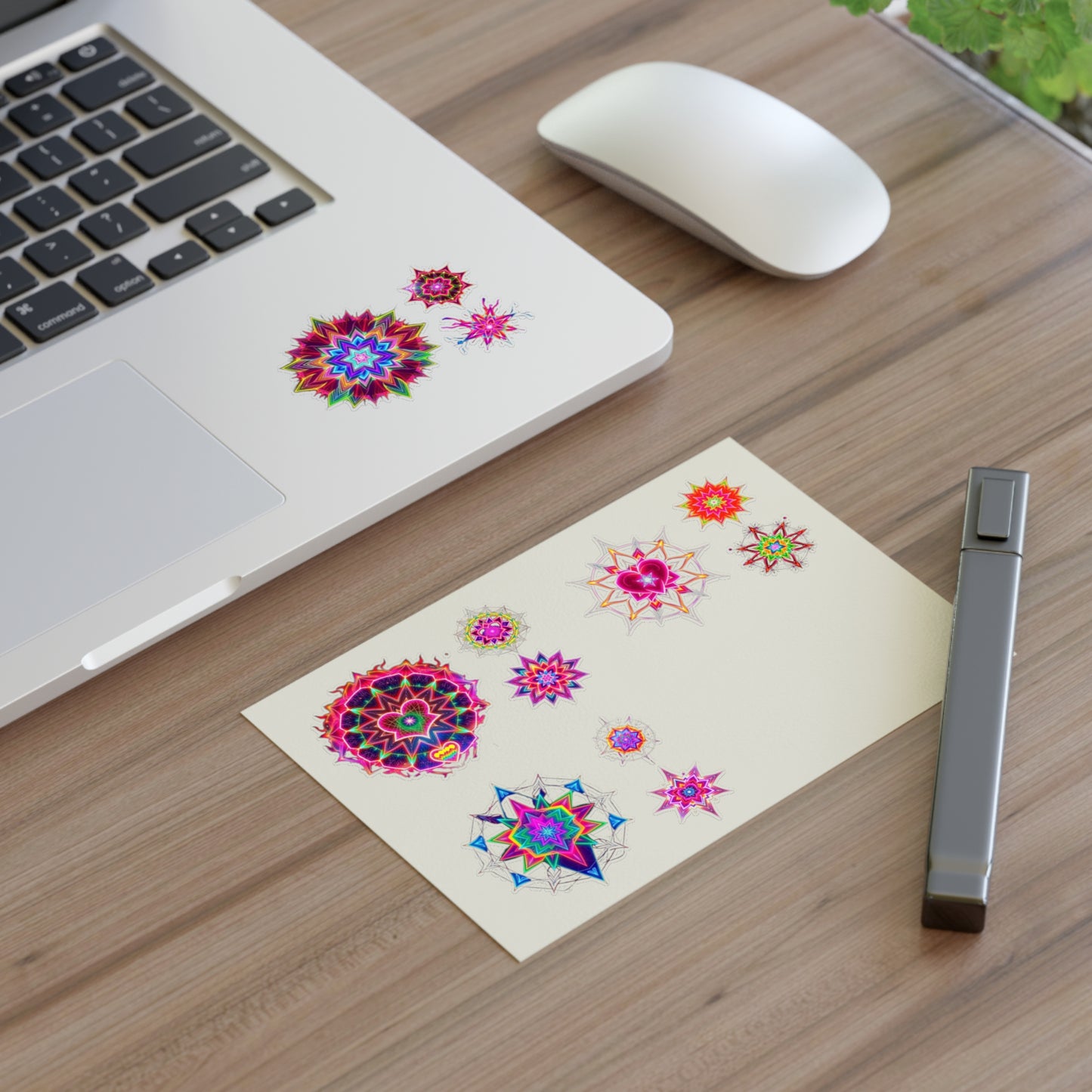 Kaleidoscope Starburst Sticker Sheet — Colorful Galaxy Art, White Transparent Holographic Die Cut Merkaba Decals by Divine Arts