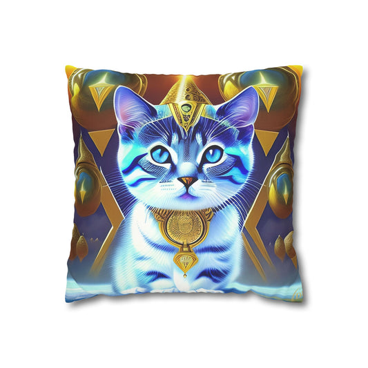 Divine Arts Faux Suede Double-Sided Square Pillow Case in Four Sizes - Fantasy Galaxy Space Cat Lover Male Gray and White Tabby Kitten with Blue Eyes in Golden Merkaba Chamber Wielding the Merkaba