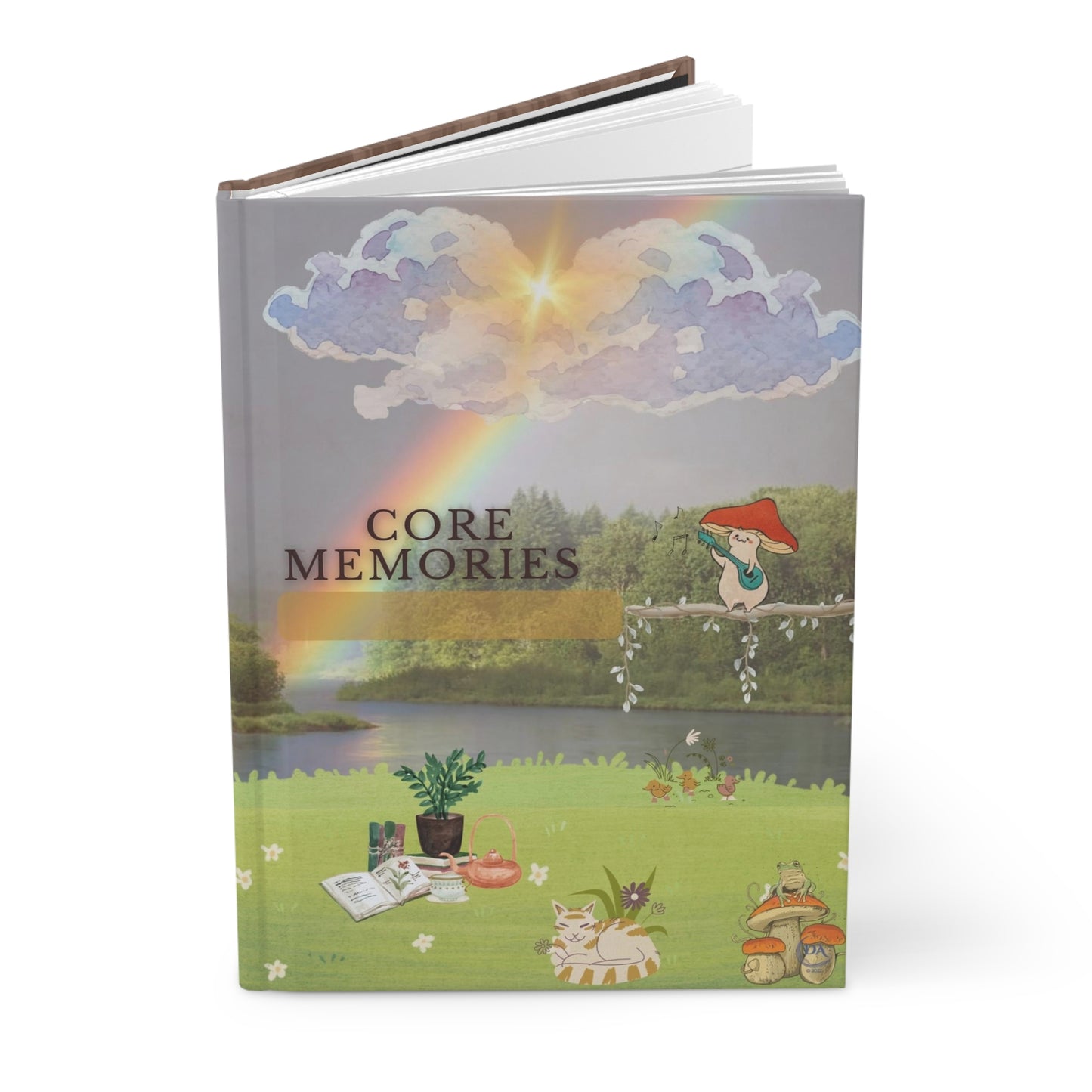 Core Memories Hardcover Journal — Whimsical Nature Scene with Orange Tabby Cat, Singing Mushroom and Rainbow Picnic Scene by Divine Arts