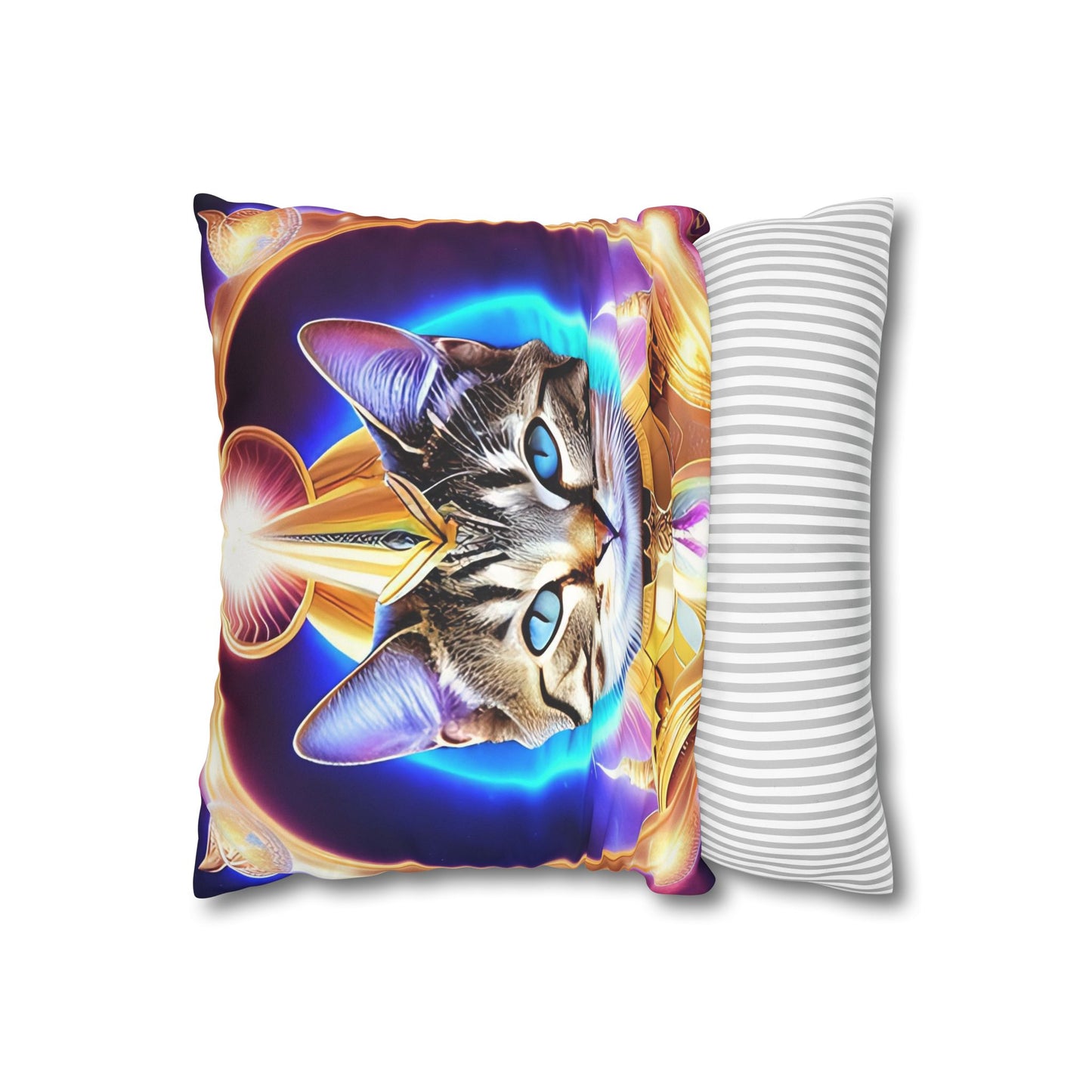 Divine Arts Faux Suede Double-Sided Square Pillow Case - Fantasy Galaxy Space Cat Lover Female Brown Gray Tabby Cat with Blue Eyes in Ornate Golden Armor with Light Blue Maharaic Shied Aura as Realized Merkaba Master Pillow Cover in Four Sizes