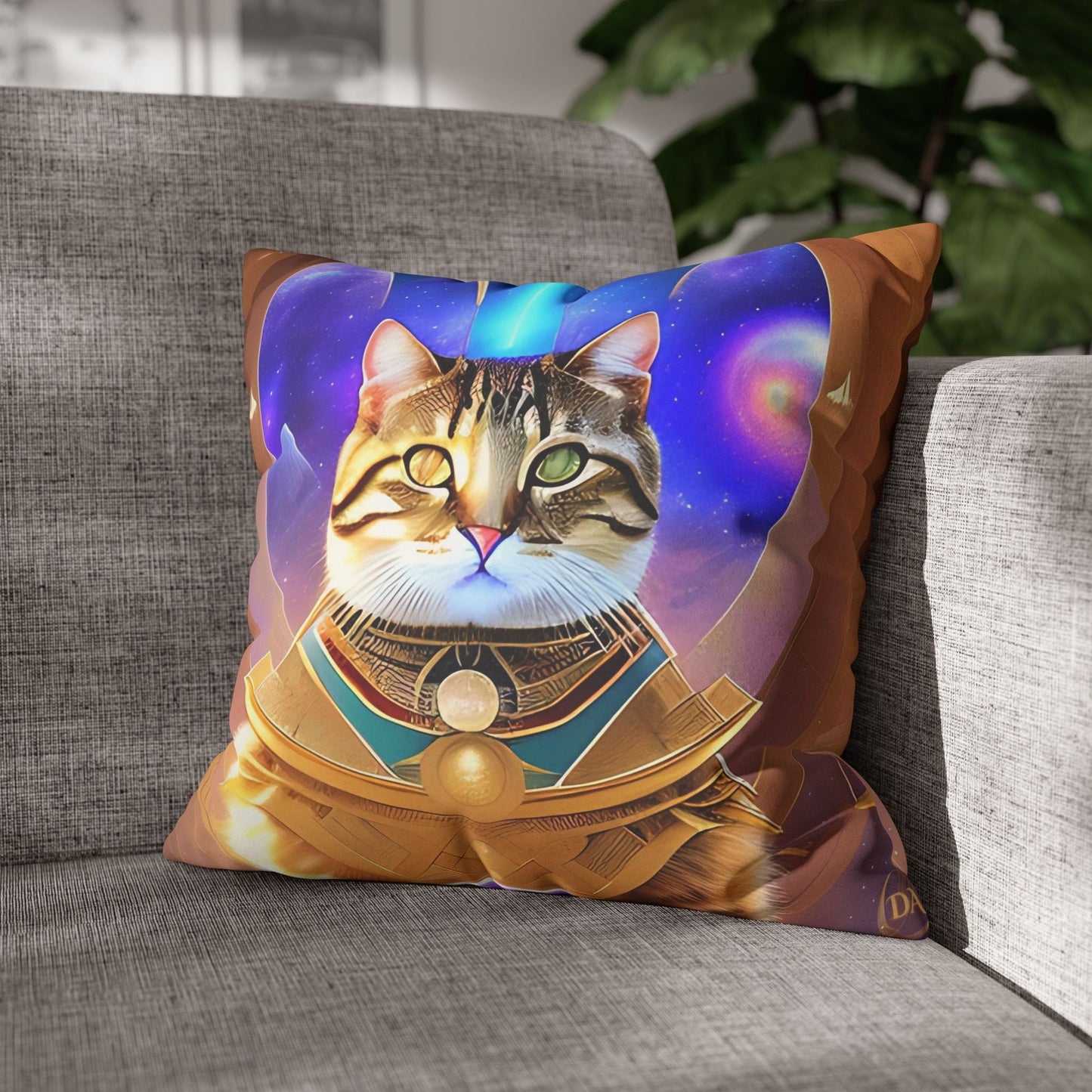 Divine Arts Faux Suede Double-Sided Square Pillow Case in Four Sizes - Fantasy Galaxy Space Cat Lover Male Brown Tabby Cat with Heterochromia in Ornate Golden Armor with Light Blue Hydroplasma Light Beam from Crown Chakra Merkaba Pillow Cover