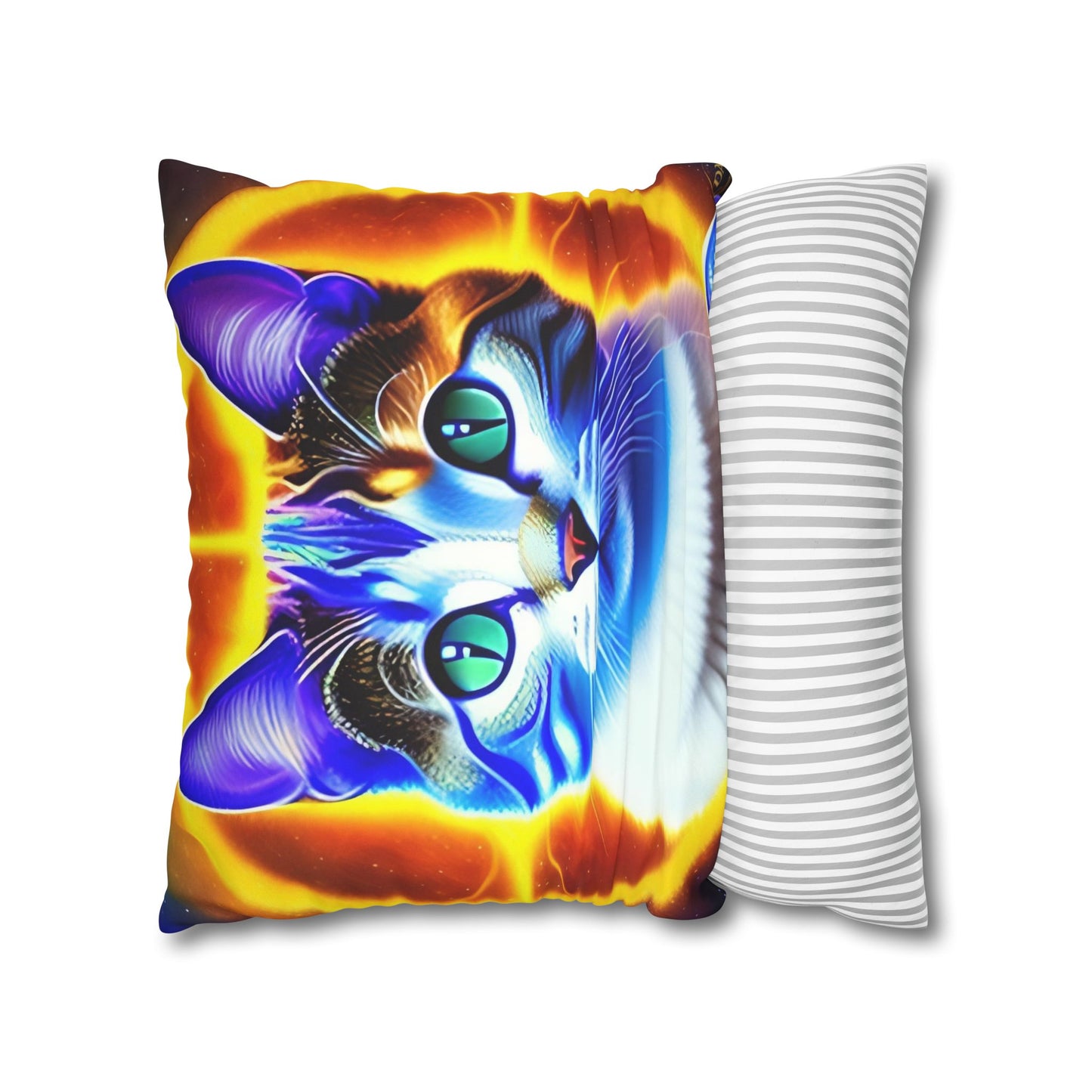 Divine Arts Faux Suede Double-Sided Square Pillow Case - Fantasy Galaxy Space Cat Lover Large Close Up View of the Face of a Female Brown Tabby Cat with Green Eyes With a Pulsing Yellow Orange Aura From Weilding the Merkaba Pillow Cover in Four Sizes