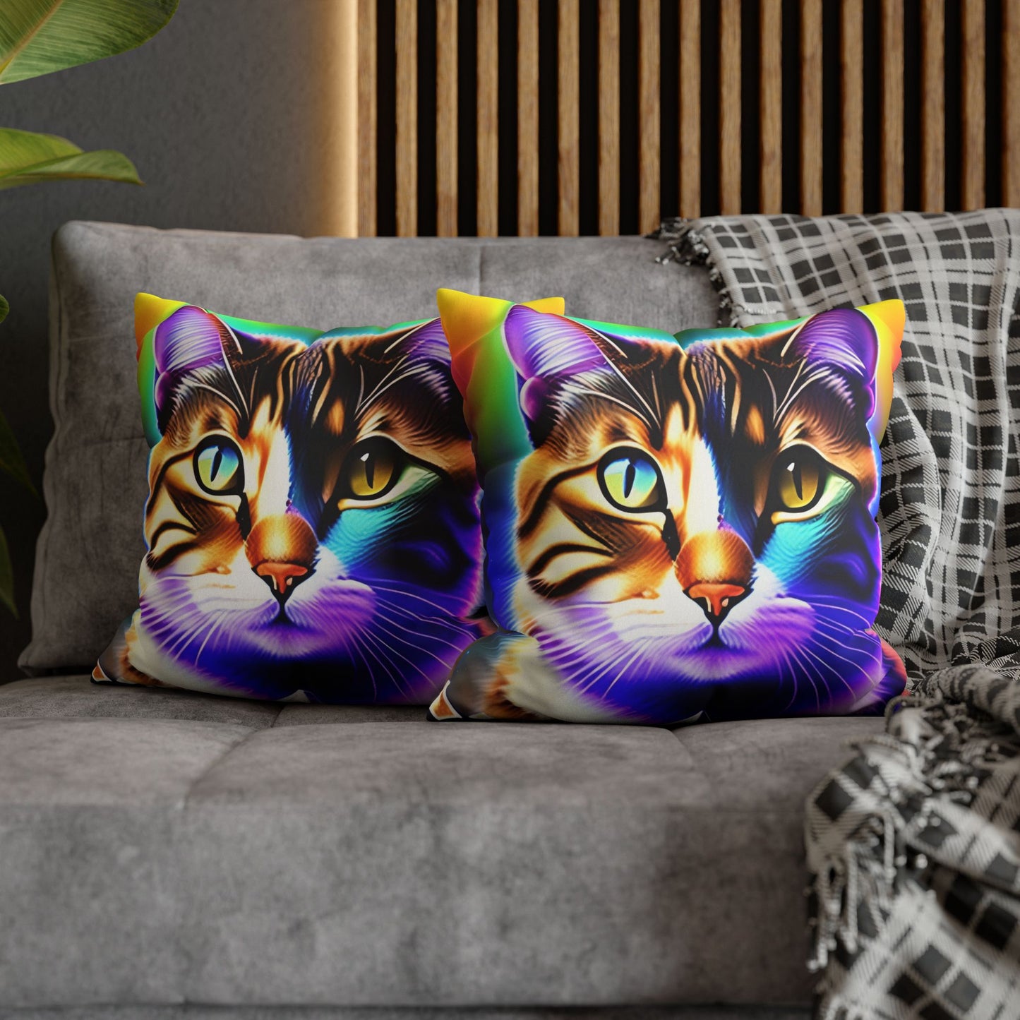 Divine Arts Faux Suede Double-Sided Square Pillow Case - Fantasy Galaxy Space Cat Lover Brown Tabby Cat with Heterochromia Meditating in Rainbow Trance Colors Pillow Cover in Four Sizes