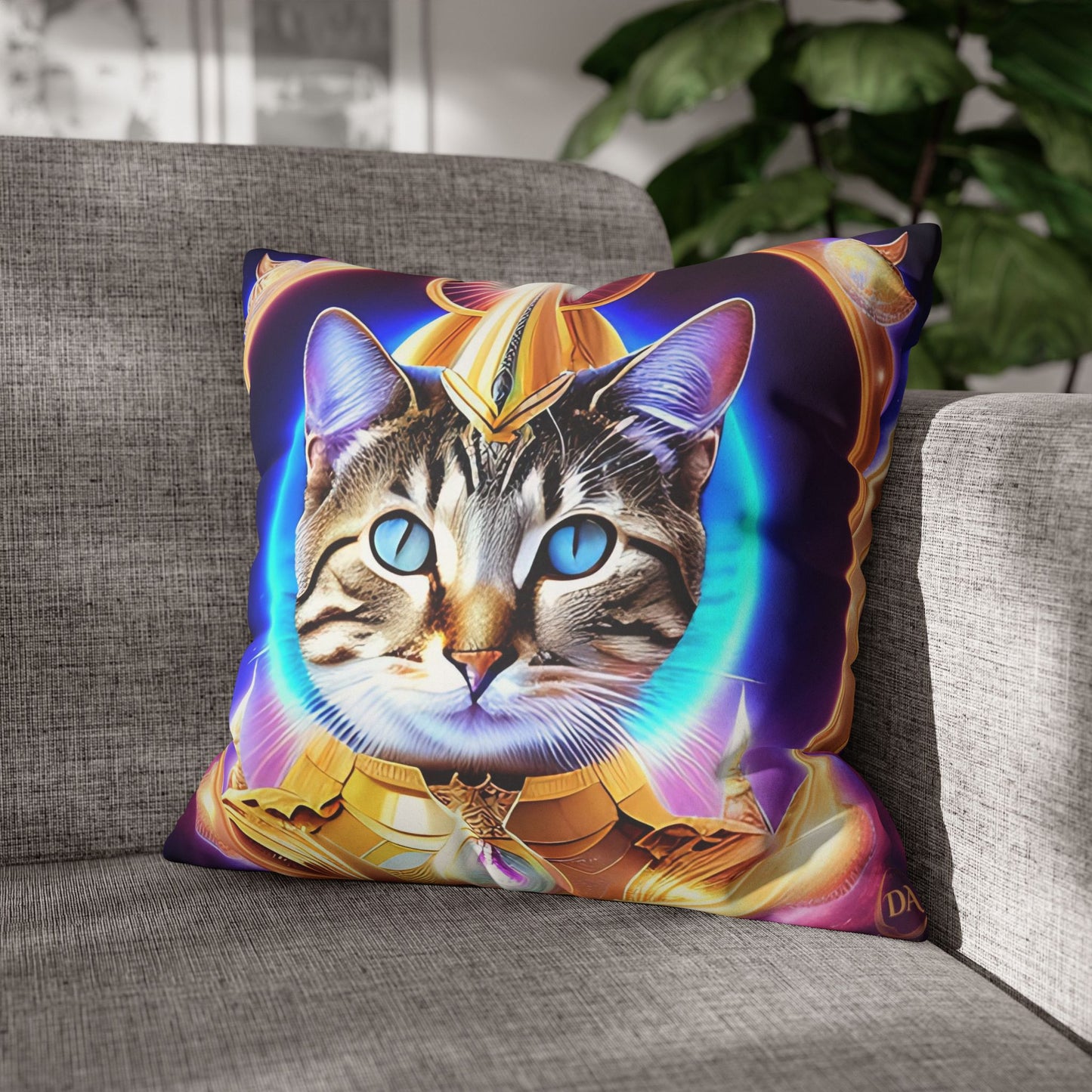 Divine Arts Faux Suede Double-Sided Square Pillow Case - Fantasy Galaxy Space Cat Lover Female Brown Gray Tabby Cat with Blue Eyes in Ornate Golden Armor with Light Blue Maharaic Shied Aura as Realized Merkaba Master Pillow Cover in Four Sizes
