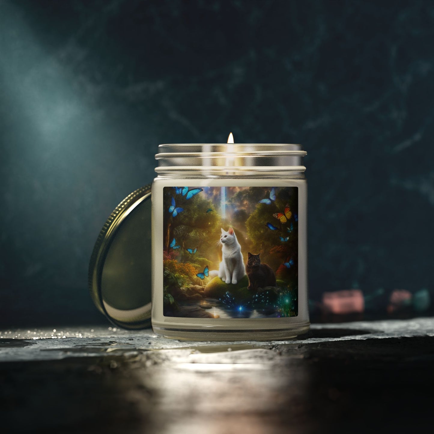 Premium Coconut Apricot Wax Scented Candles, Various Floral & Spice Fragrances (4oz), Spiritual Christmas Holiday Cat Lover Pet Gift, Black & White Cats in Nature Butterflies Scene Fairytale Fantasy Art, by Divine Arts