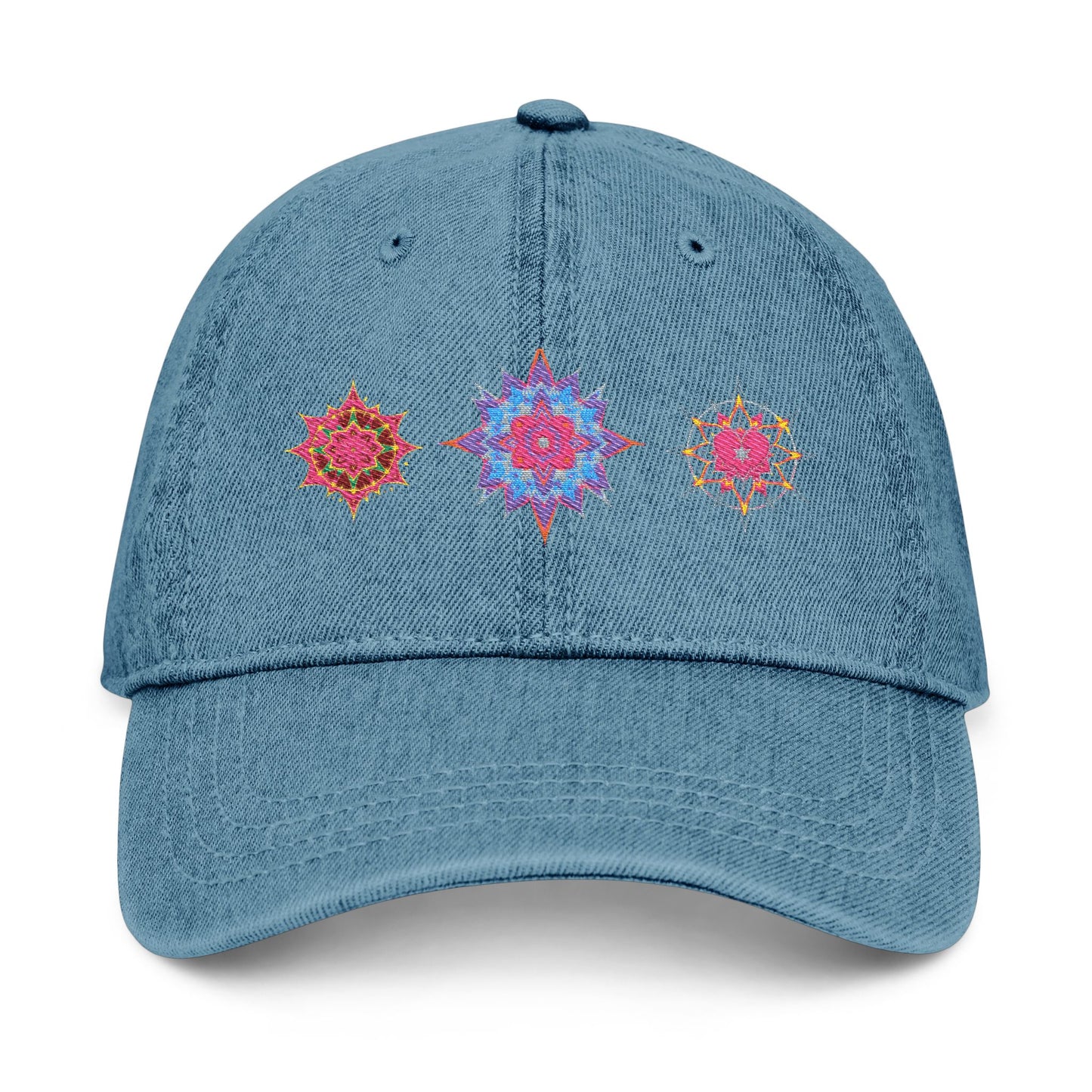 Denim Cap (Embroidery), 100% Cotton, Three Unique Embroidery Merkabas, Neon Galaxy Starry Light, Lotus Jewel Design by Divine Arts