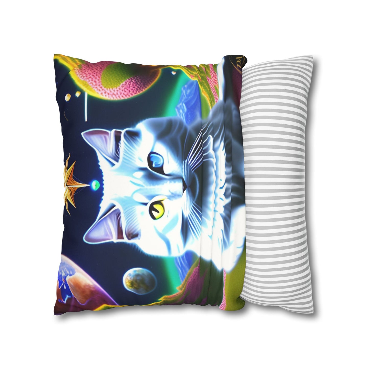 Divine Arts Faux Suede Double-Sided Square Pillow Case in Four Sizes - Fantasy Galaxy Space Cat Lover Portrait of White Female Cat With Yellow & Blie Heterochromia Eyes In Space Amidssr Blue & Pink Cosmic Swirls Meditating in Trance On A Golden Merkaba