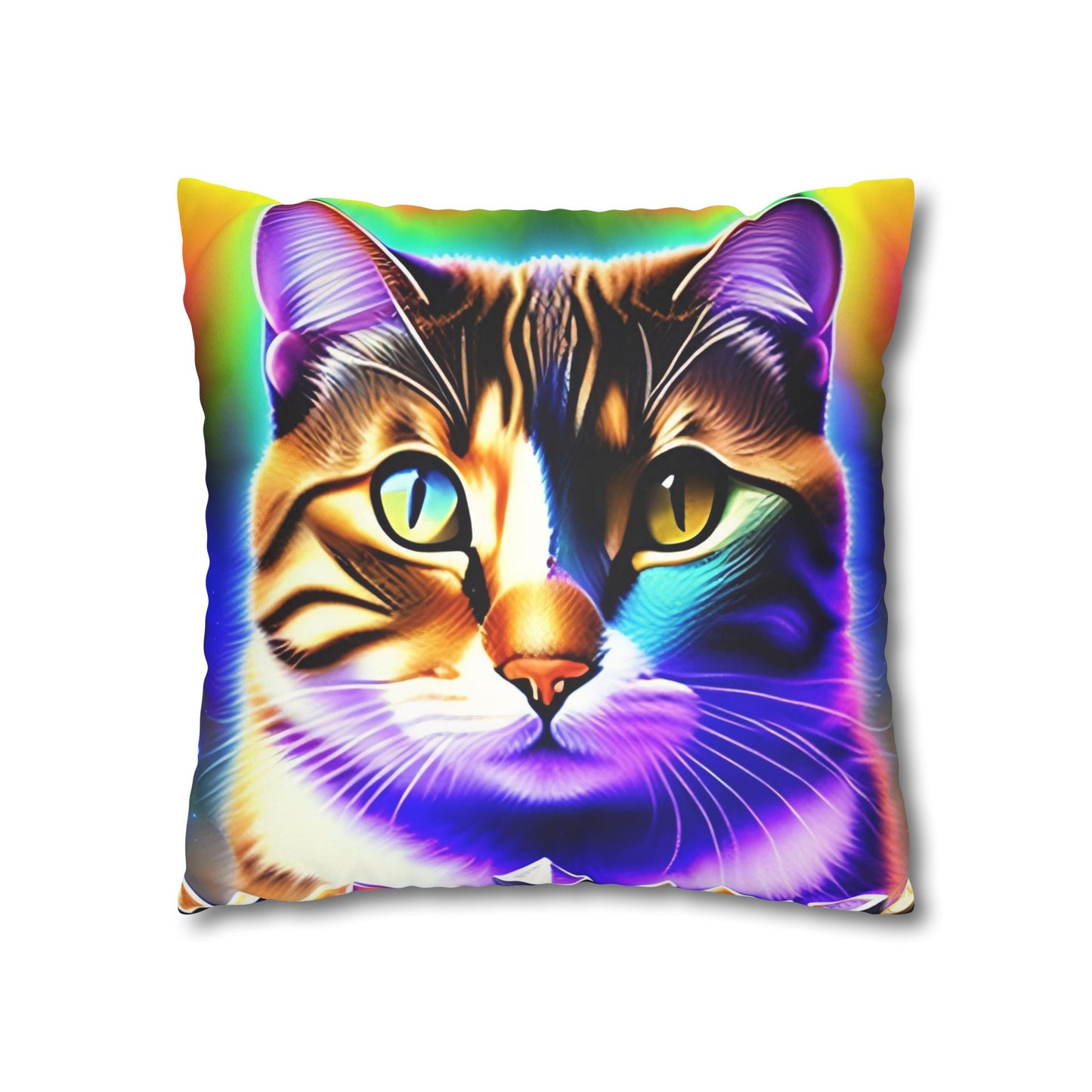 Divine Arts Faux Suede Double-Sided Square Pillow Case - Fantasy Galaxy Space Cat Lover Brown Tabby Cat with Heterochromia Meditating in Rainbow Trance Colors Pillow Cover in Four Sizes