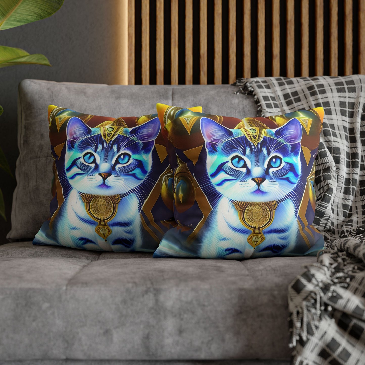 Divine Arts Faux Suede Double-Sided Square Pillow Case in Four Sizes - Fantasy Galaxy Space Cat Lover Male Gray and White Tabby Kitten with Blue Eyes in Golden Merkaba Chamber Wielding the Merkaba
