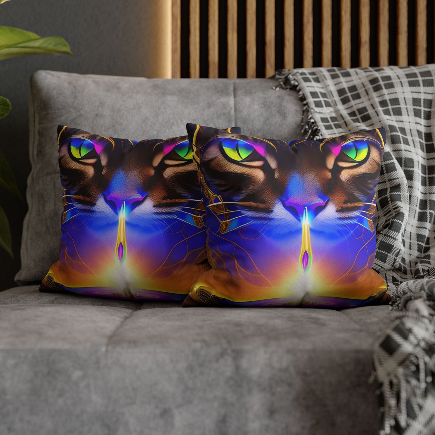 Divine Arts Faux Suede Double-Sided Art Square Pillow Case in Four Sizes - Fantasy Galaxy Space Cat Lover Male Brown Tabby Cat with Ornate Golden Face Armor and Magenta Crystal Wielding the Merkaba Pillow Cover