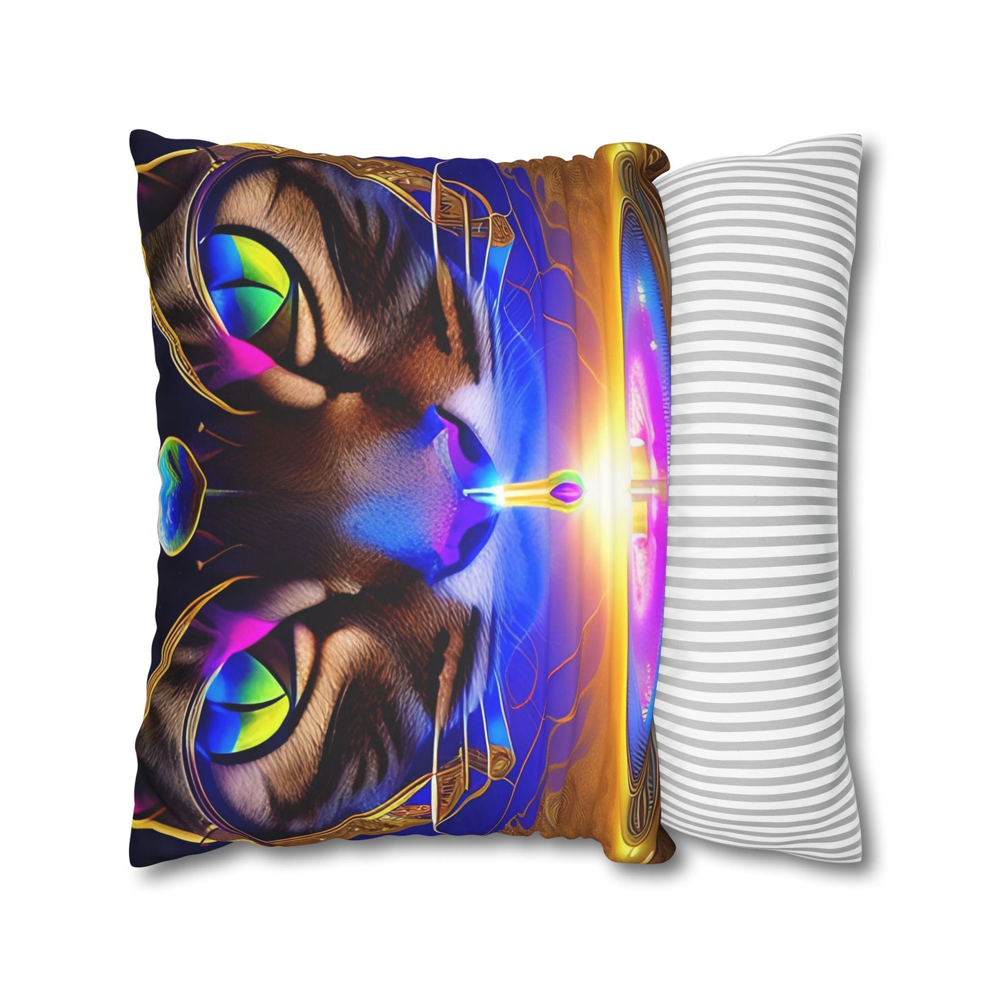 Divine Arts Faux Suede Double-Sided Art Square Pillow Case in Four Sizes - Fantasy Galaxy Space Cat Lover Male Brown Tabby Cat with Ornate Golden Face Armor and Magenta Crystal Wielding the Merkaba Pillow Cover