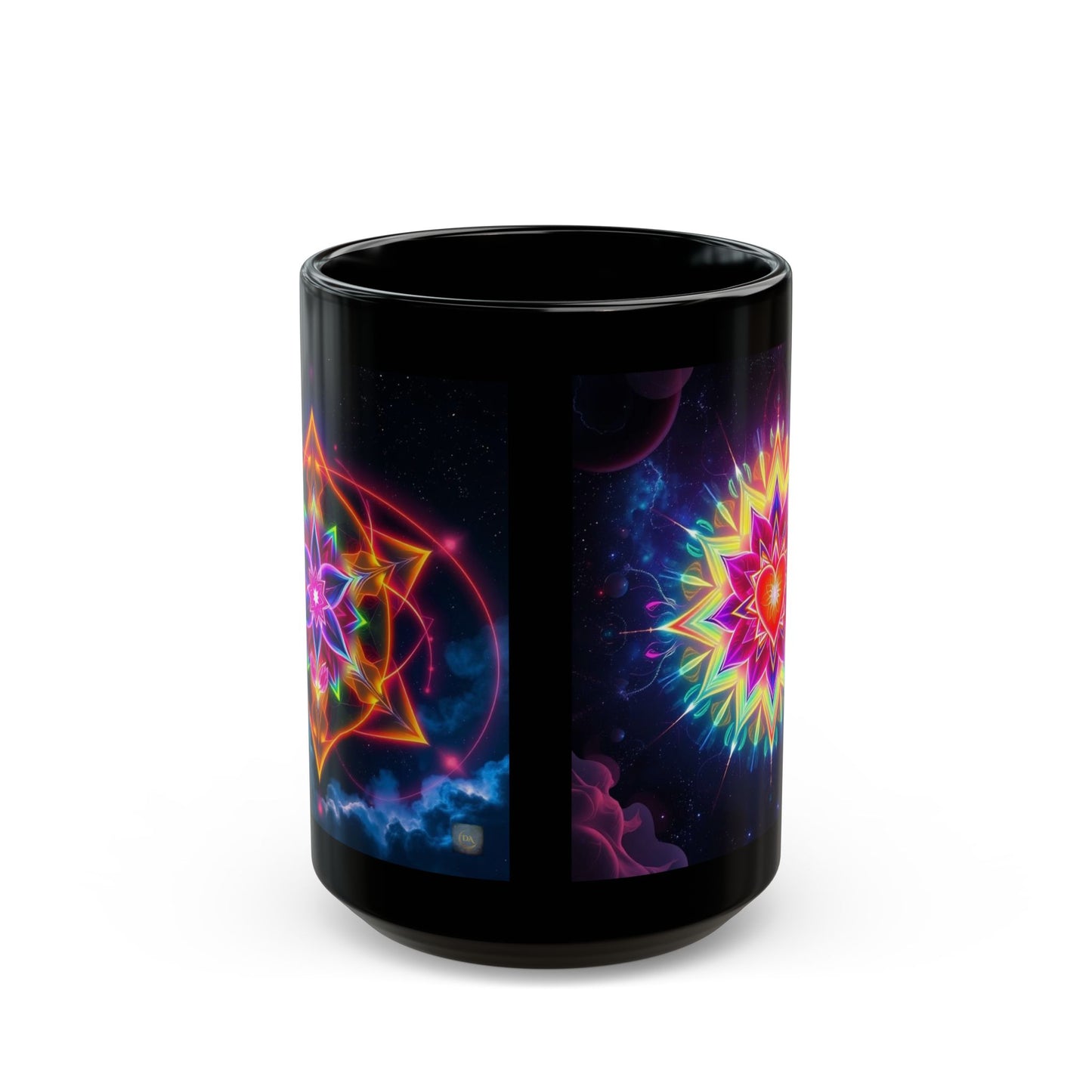 Black Ceramic Mug 15 oz— Vibrant Sacred Heart Sacred Geometry Light Body Merkaba Coffee Cup by Divine Arts