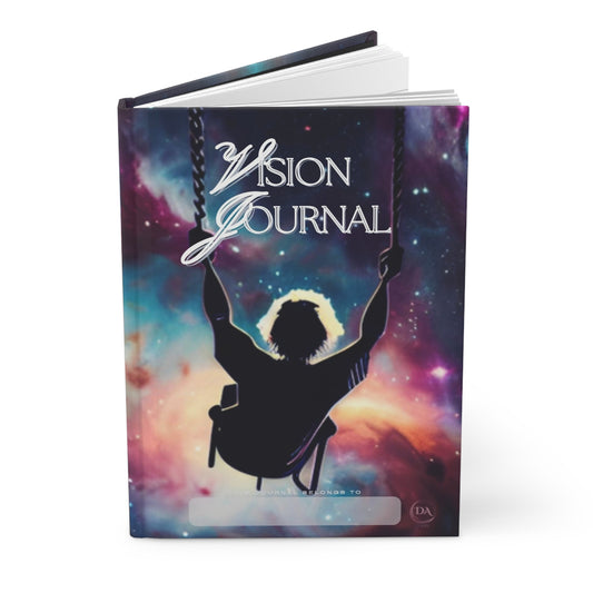 Divine Arts Hardcover Matte Laminate Coating  Ruled Line Wraparound Art Inspirational Vision Journa Notebook Stationery - Playful Fantasy Galaxy Space Art Young Man on Space Swing Amidst Colorful Universe of Nebulas and Stars