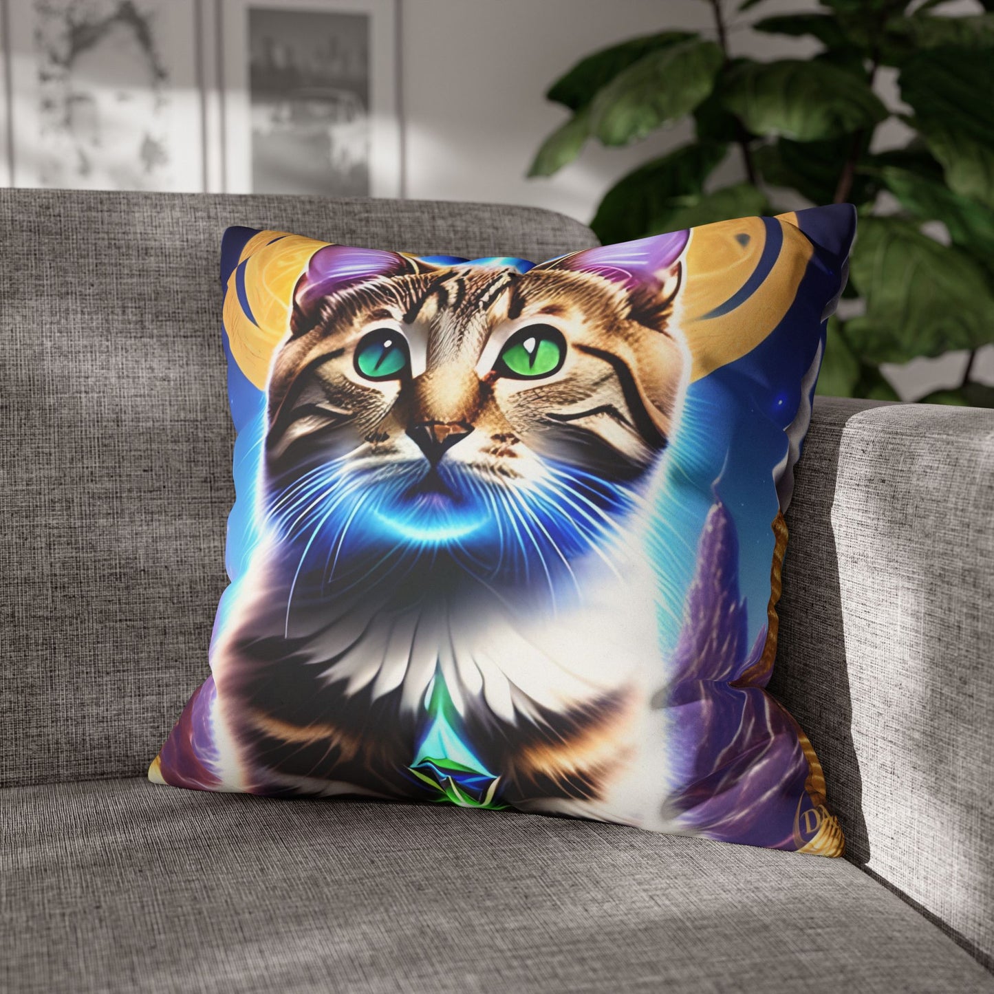 Divine Arts Faux Suede Double-Sided Square Pillow Case in Four Sizes - Fantasy Galaxy Space Cat Lover Male Brown Tabby Cat with Green Eyes Green Merkaba & Golden Aura Plates in Moutains