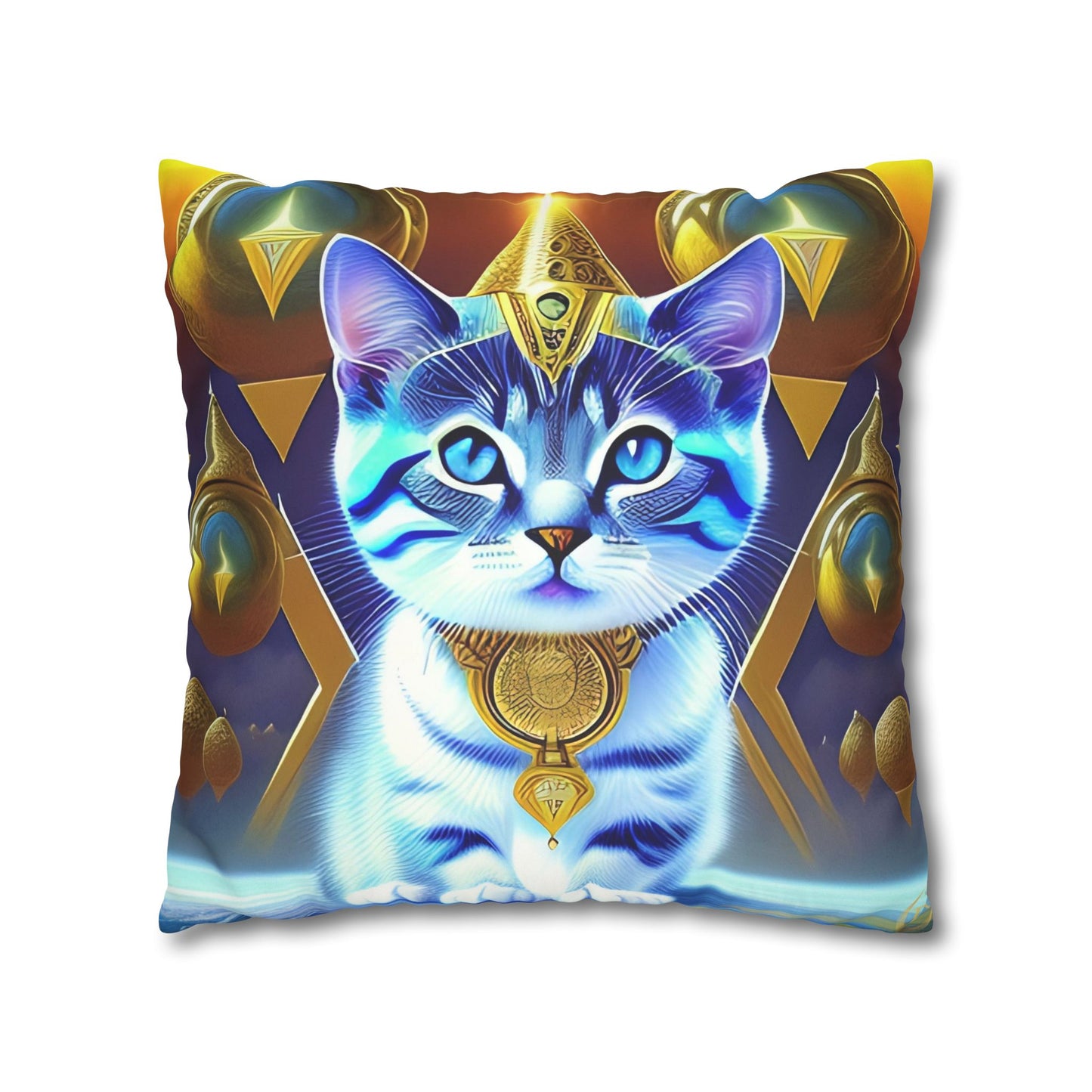 Divine Arts Faux Suede Double-Sided Square Pillow Case in Four Sizes - Fantasy Galaxy Space Cat Lover Male Gray and White Tabby Kitten with Blue Eyes in Golden Merkaba Chamber Wielding the Merkaba