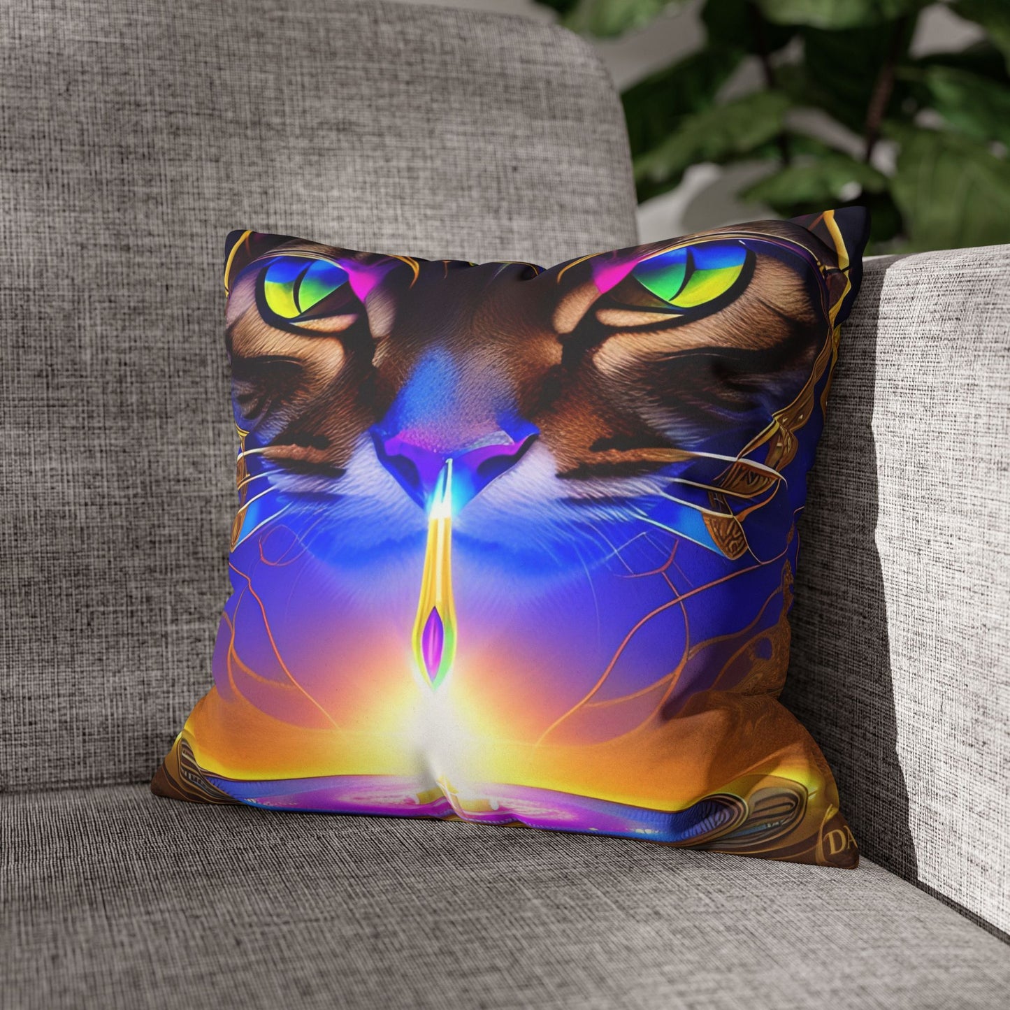 Divine Arts Faux Suede Double-Sided Art Square Pillow Case in Four Sizes - Fantasy Galaxy Space Cat Lover Male Brown Tabby Cat with Ornate Golden Face Armor and Magenta Crystal Wielding the Merkaba Pillow Cover