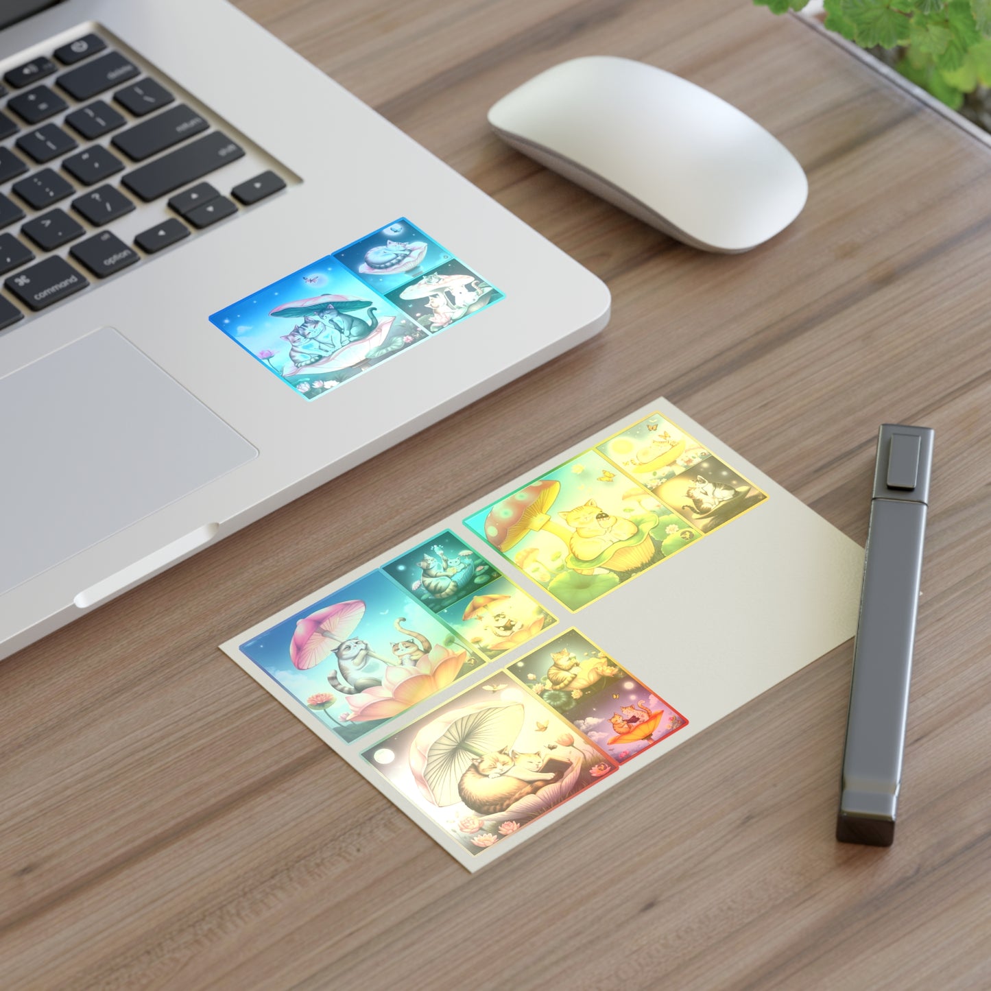 Whimsical Cat Night & Day Mushroom Lotus, Nature Bookworm Vinyl Sticker Sheets (6x4) – Cute Floral Shell Mushroom Umbrella Cap Kittens by Divine Arts