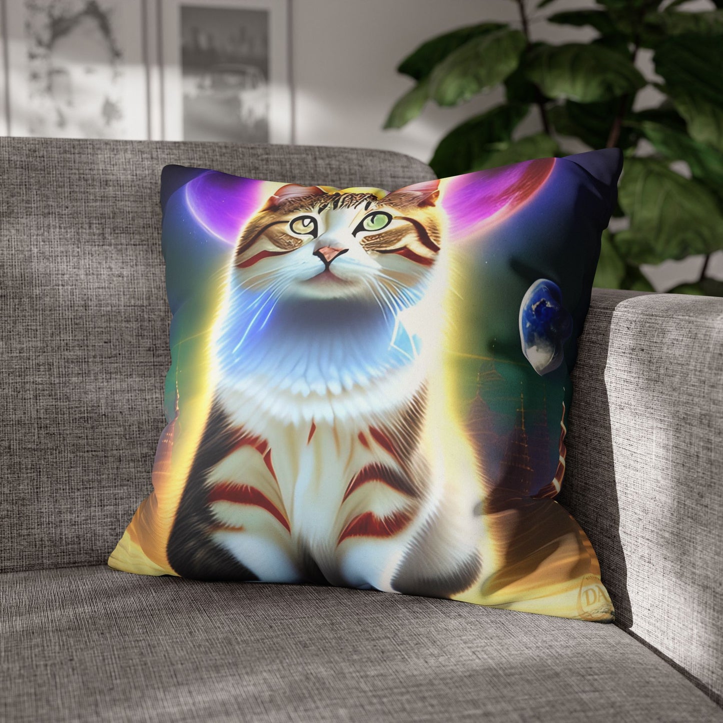 Divine Arts Faux Suede Double-Sided Square Pillow Case - Fantasy Galaxy Space Cat Lover Female Brown and White Tabby Cat with Heterochromia and a Bright Yellow & Purple Aura Spiritual Pillow Cover in Four Sizes