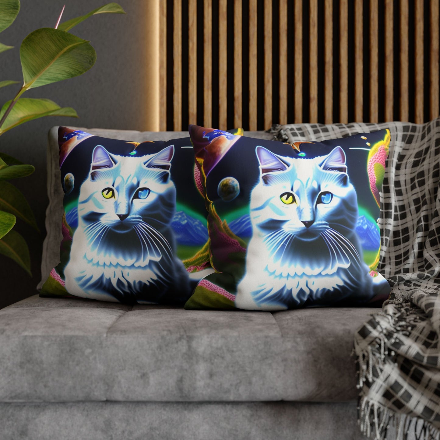Divine Arts Faux Suede Double-Sided Square Pillow Case in Four Sizes - Fantasy Galaxy Space Cat Lover Portrait of White Female Cat With Yellow & Blie Heterochromia Eyes In Space Amidssr Blue & Pink Cosmic Swirls Meditating in Trance On A Golden Merkaba