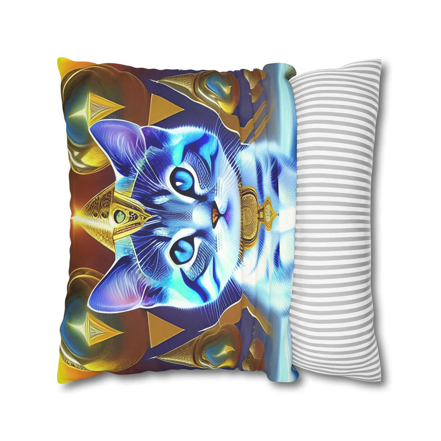 Divine Arts Faux Suede Double-Sided Square Pillow Case in Four Sizes - Fantasy Galaxy Space Cat Lover Male Gray and White Tabby Kitten with Blue Eyes in Golden Merkaba Chamber Wielding the Merkaba