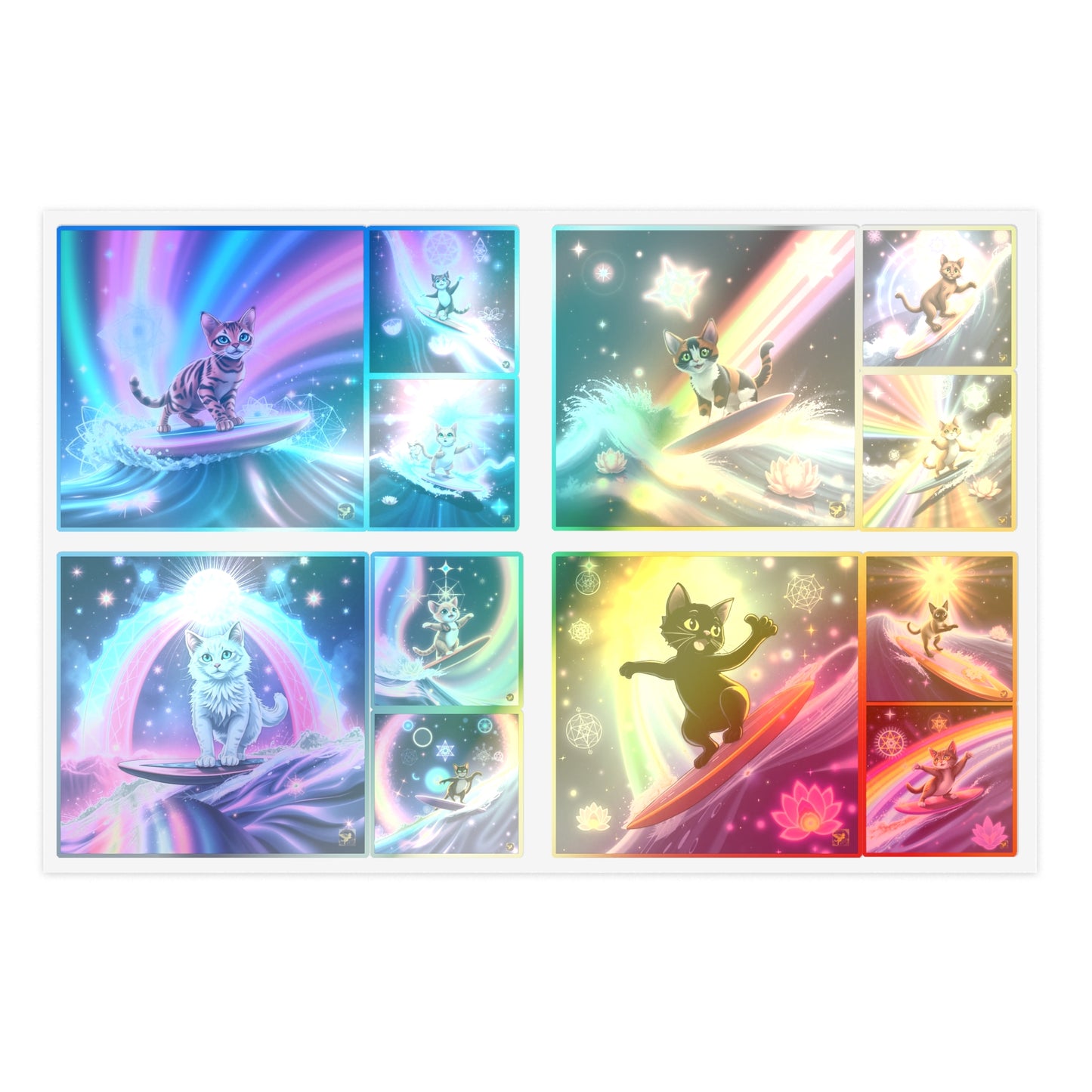 Cosmic Surfing Cat Sticker Sheets (6" x 4") — Rainbow Lotus Light Sacred Geomtry Galaxy Cat Decals by Divine Arts