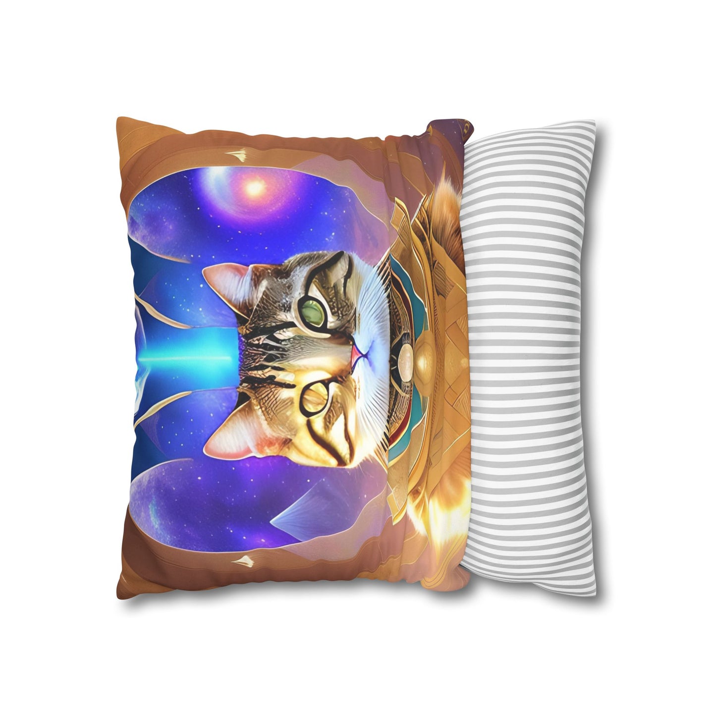 Divine Arts Faux Suede Double-Sided Square Pillow Case in Four Sizes - Fantasy Galaxy Space Cat Lover Male Brown Tabby Cat with Heterochromia in Ornate Golden Armor with Light Blue Hydroplasma Light Beam from Crown Chakra Merkaba Pillow Cover