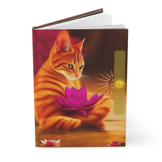 Divine Arts Hardcover Journal Notebook Stationery Matte Lamimate Coating Ruled Line Wraparound Art- Large Orange Tabby Cat Meditating With Large Magenta Lotus on Lap with Smooth Brown Leather Print Back Cover