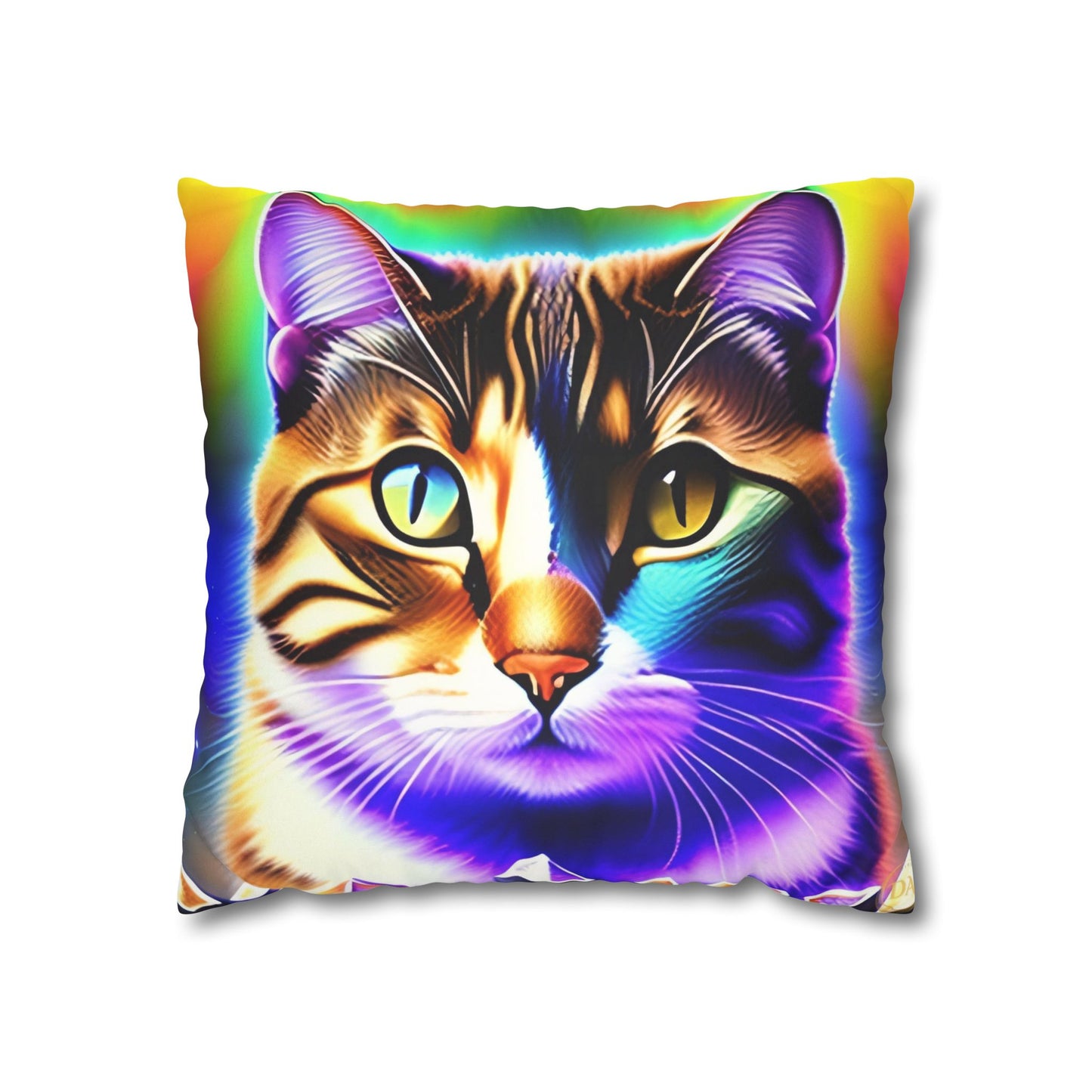 Divine Arts Faux Suede Double-Sided Square Pillow Case - Fantasy Galaxy Space Cat Lover Brown Tabby Cat with Heterochromia Meditating in Rainbow Trance Colors Pillow Cover in Four Sizes