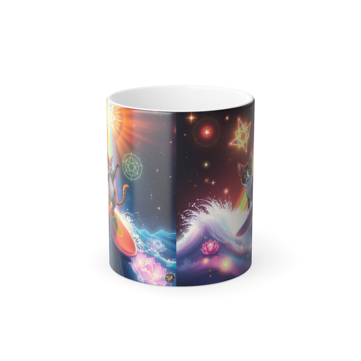 Color-Changing Galaxy Cats Mug — Cosmic Grey and Calico Cats & Lotus Rainbow Sacred Geometry Merkaba Magic 11oz by Divine Arts