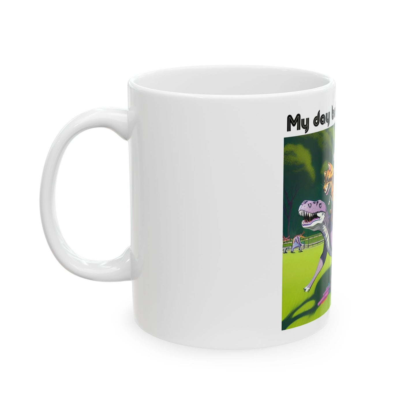 Funny Cat Dinosaur Mug (11oz, 15oz) — "My Day Before Coffee" Ceramic Coffee Cup by Divine Arts