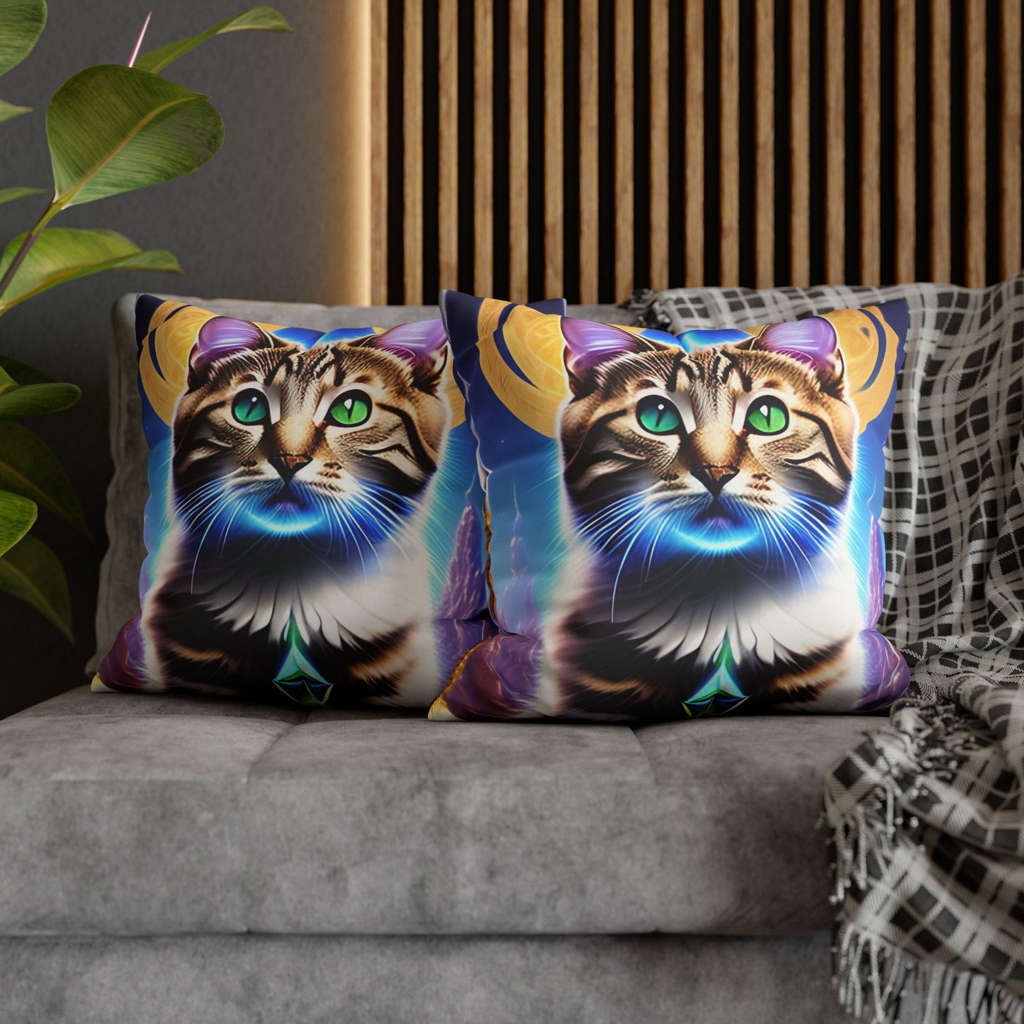 Divine Arts Faux Suede Double-Sided Square Pillow Case in Four Sizes - Fantasy Galaxy Space Cat Lover Male Brown Tabby Cat with Green Eyes Green Merkaba & Golden Aura Plates in Moutains