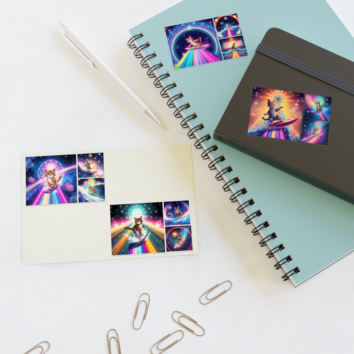 Cosmic Surfing Cat Sticker Sheets (6" x 4") — Rainbow Lotus Light Sacred Geomtry Galaxy Cat Decals by Divine Arts