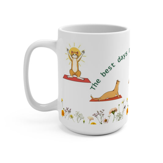 Ceramic Cat Morning Yoga Mug – "Best Days" Relaxing Morning Cat Yoga & Wildflowers  15oz