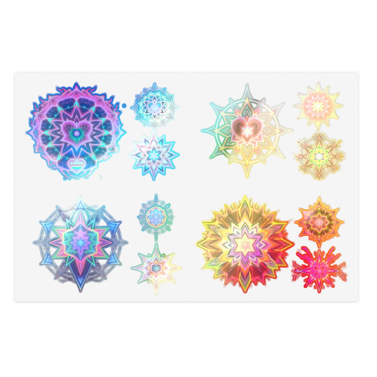 Kaleidoscope Starburst Sticker Sheet — Colorful Galaxy Art, White Transparent Holographic Die Cut Merkaba Decals by Divine Arts
