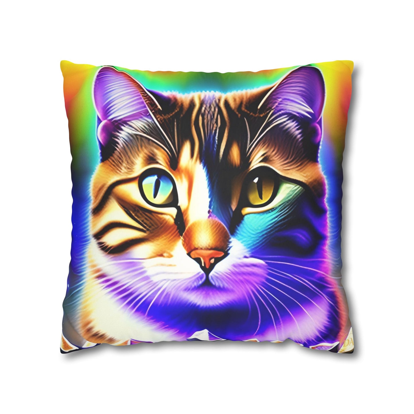 Divine Arts Faux Suede Double-Sided Square Pillow Case - Fantasy Galaxy Space Cat Lover Brown Tabby Cat with Heterochromia Meditating in Rainbow Trance Colors Pillow Cover in Four Sizes