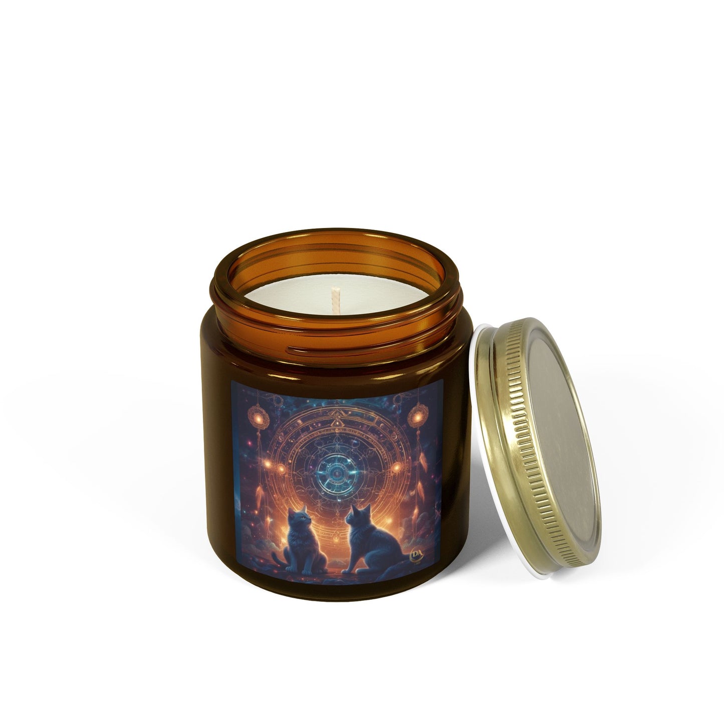 Premium Coconut Apricot Wax Scented Candles, Various Floral & Spice Fragrances (4oz), Spiritual Christmas Holiday Cat Lover Pet Gift, Black Cats Sacred Geometry Galaxy Space Fantasy Cat Art, by Divine Arts