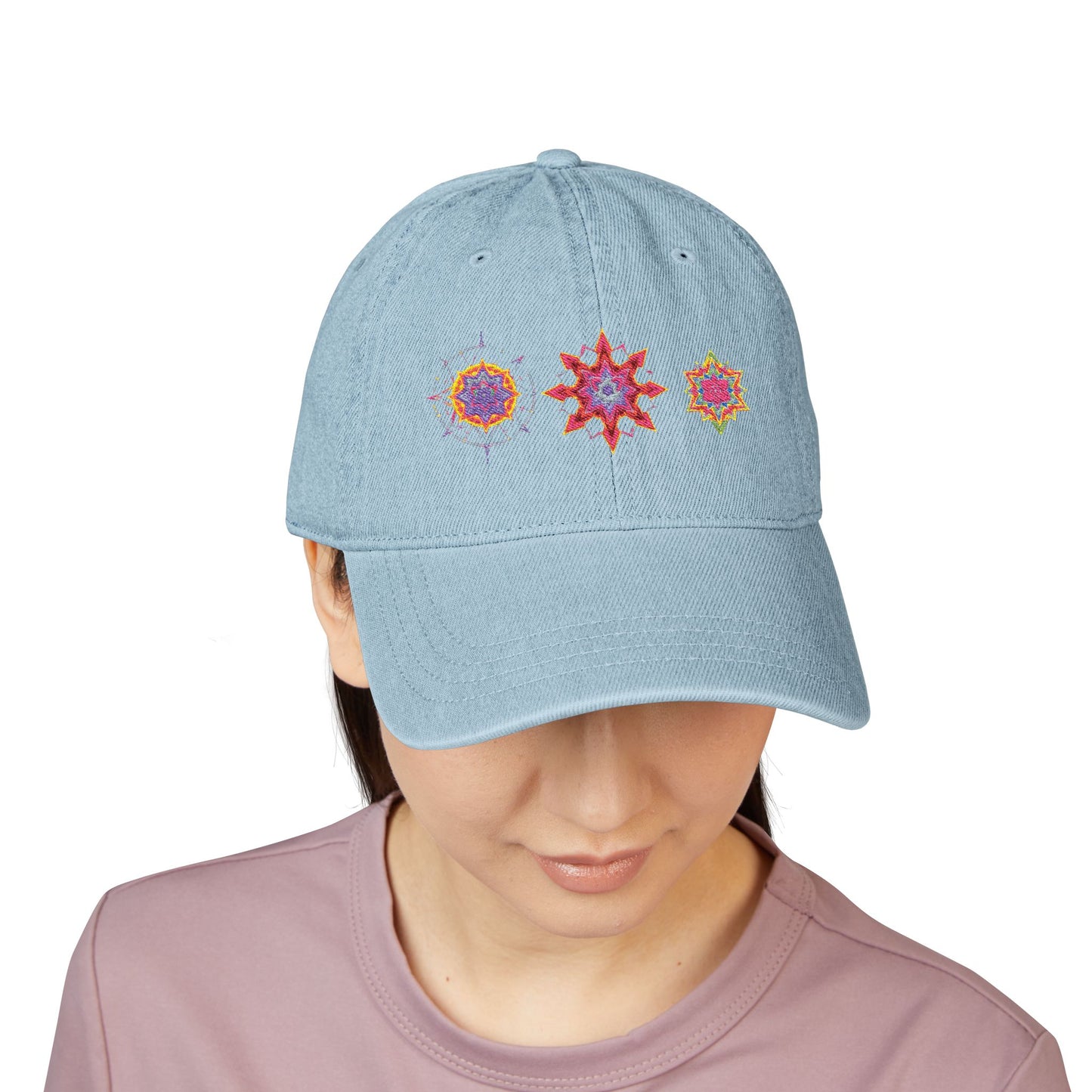 Denim Cap (Embroidery), 100% Cotton, Three Unique Embroidery Merkabas, Neon Galaxy Starry Light, Lotus Jewel Design by Divine Arts