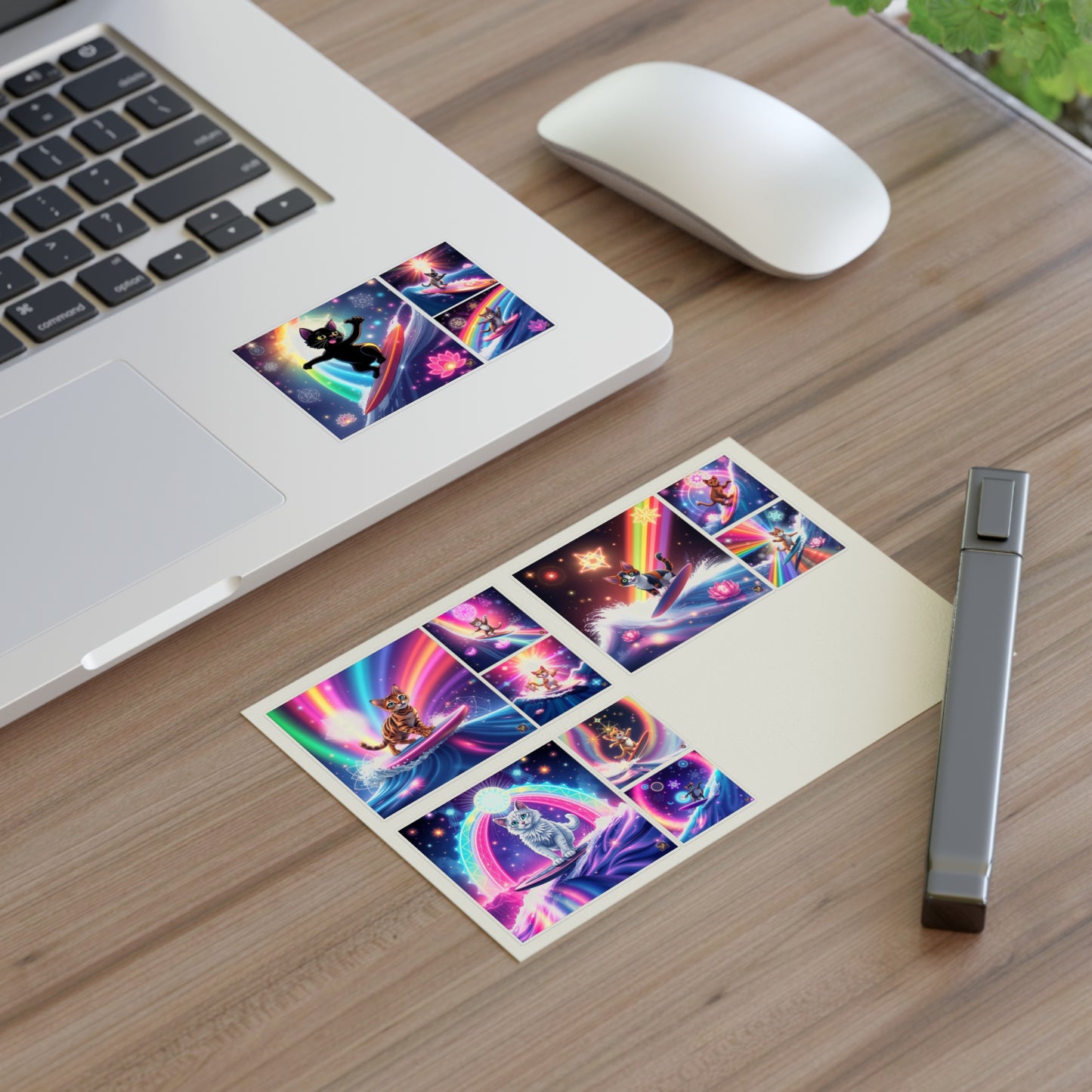 Cosmic Surfing Cat Sticker Sheets (6" x 4") — Rainbow Lotus Light Sacred Geomtry Galaxy Cat Decals by Divine Arts