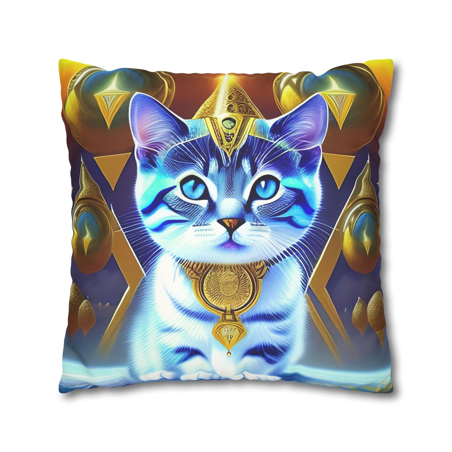 Divine Arts Faux Suede Double-Sided Square Pillow Case in Four Sizes - Fantasy Galaxy Space Cat Lover Male Gray and White Tabby Kitten with Blue Eyes in Golden Merkaba Chamber Wielding the Merkaba